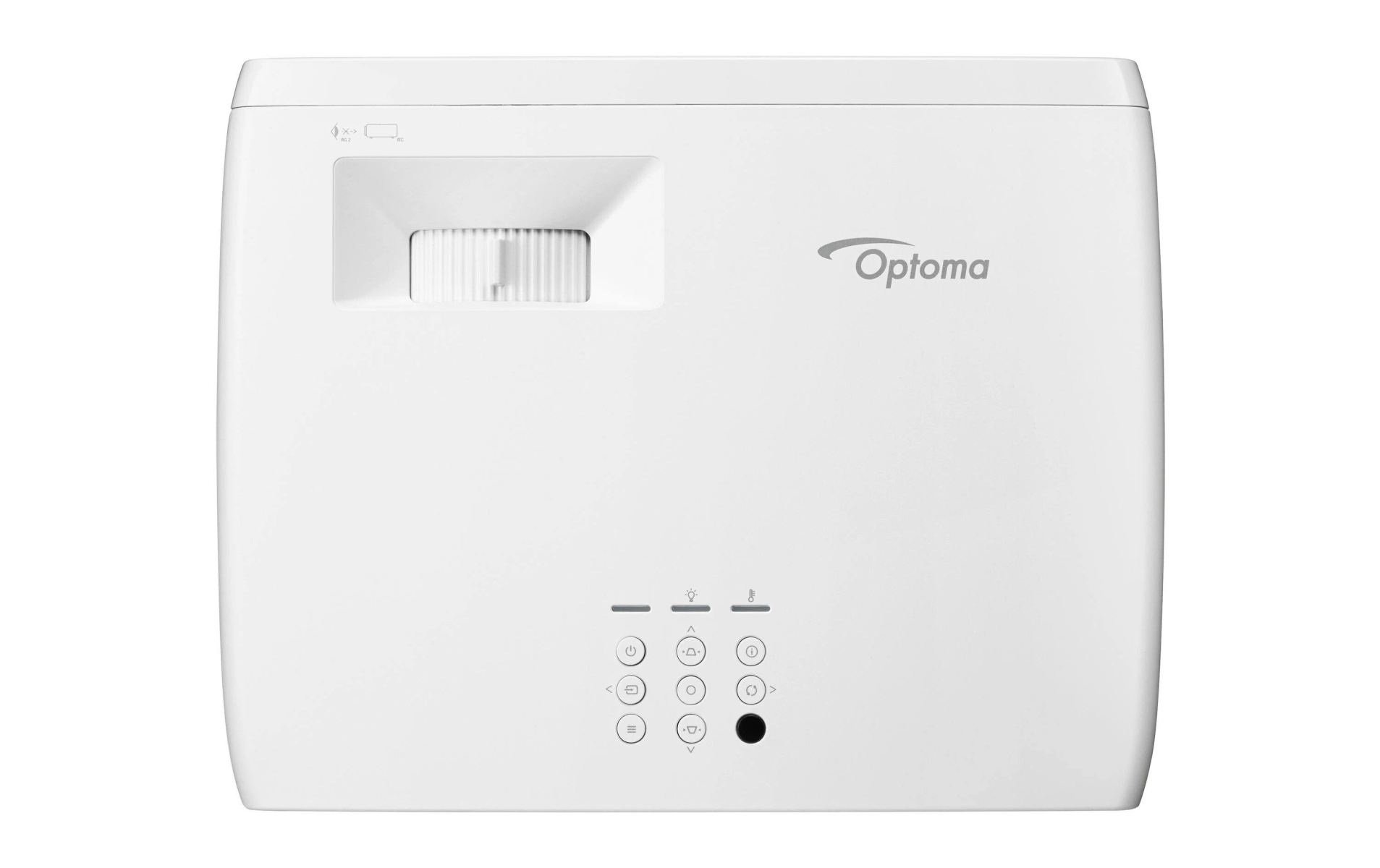 Biały projektor z logo Optoma. Przyciski znajdują się z przodu. Posiada chowany obiektyw.