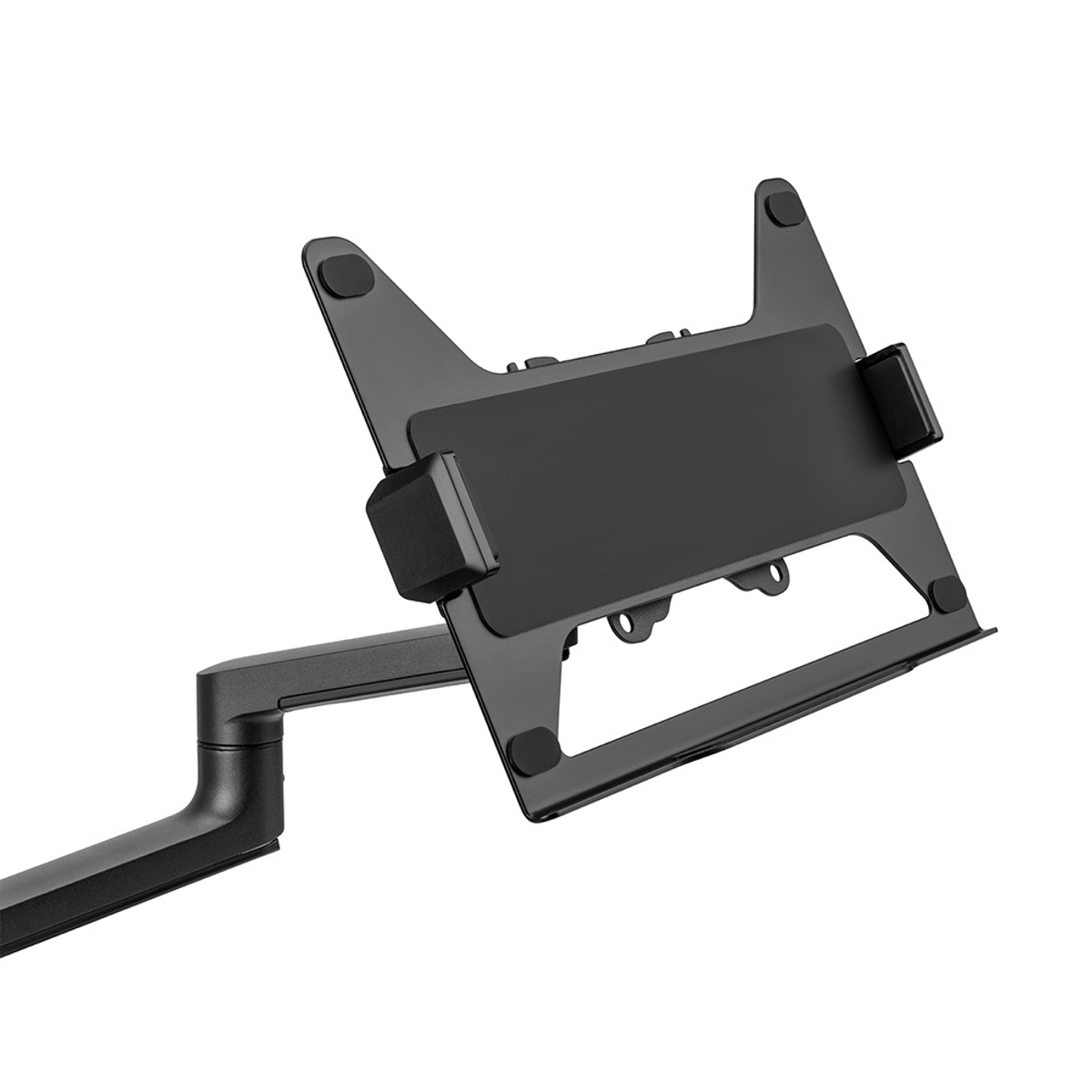 Black monitor arm. Articulating arm with a mounting plate to hold a laptop.