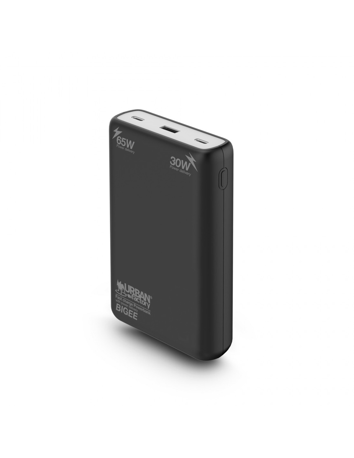 Un power bank nero con due porte da 65W e 30W, su sfondo bianco.