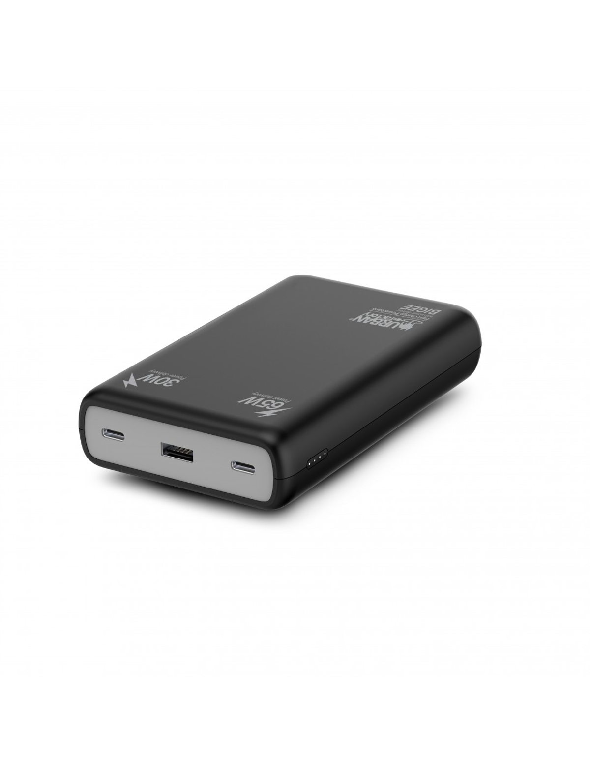 Power bank nero con porte USB-C e indicatori di alimentazione. Dice '65W' e '30W'. Su sfondo bianco.