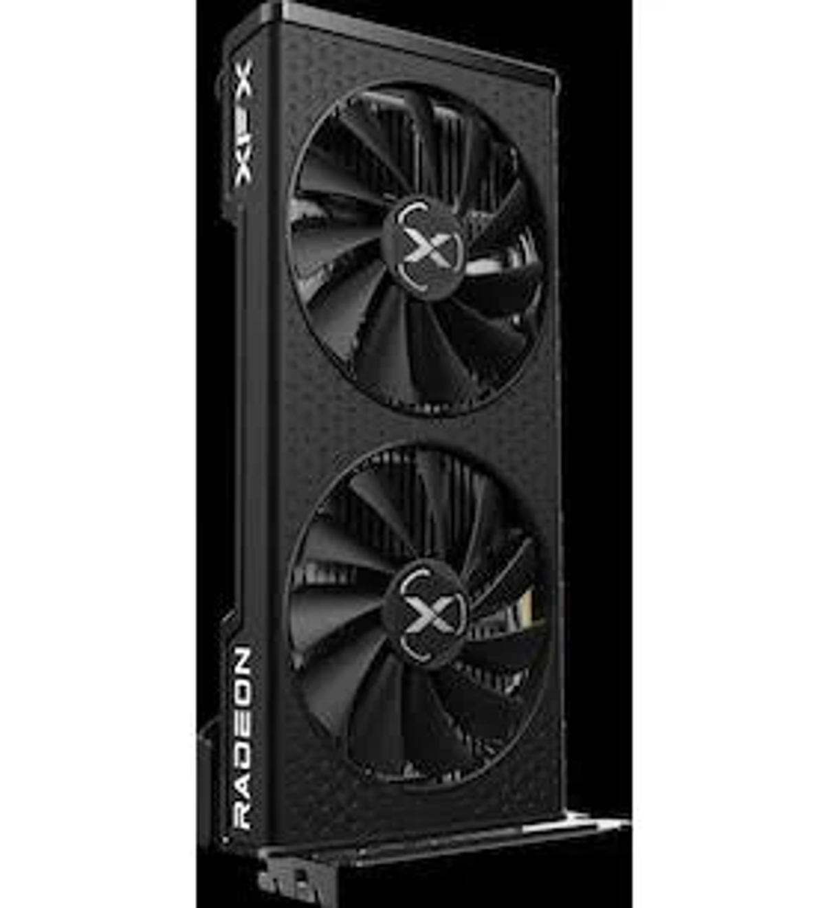 Czarna karta graficzna z dwoma wentylatorami, logo Radeon i logo XFX.