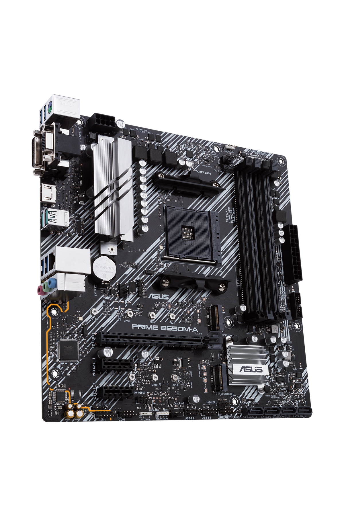 Scheda madre del computer con vari componenti, nero e grigio.