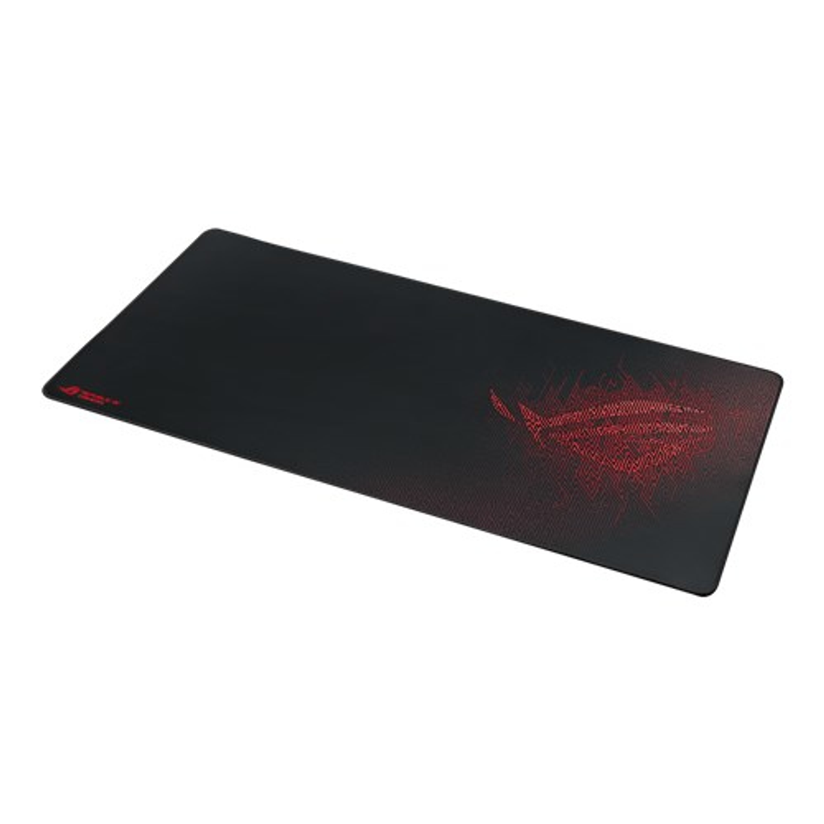 Schwarzes Gaming-Mauspad mit rotem ROG-Logo, auf weißem Hintergrund.