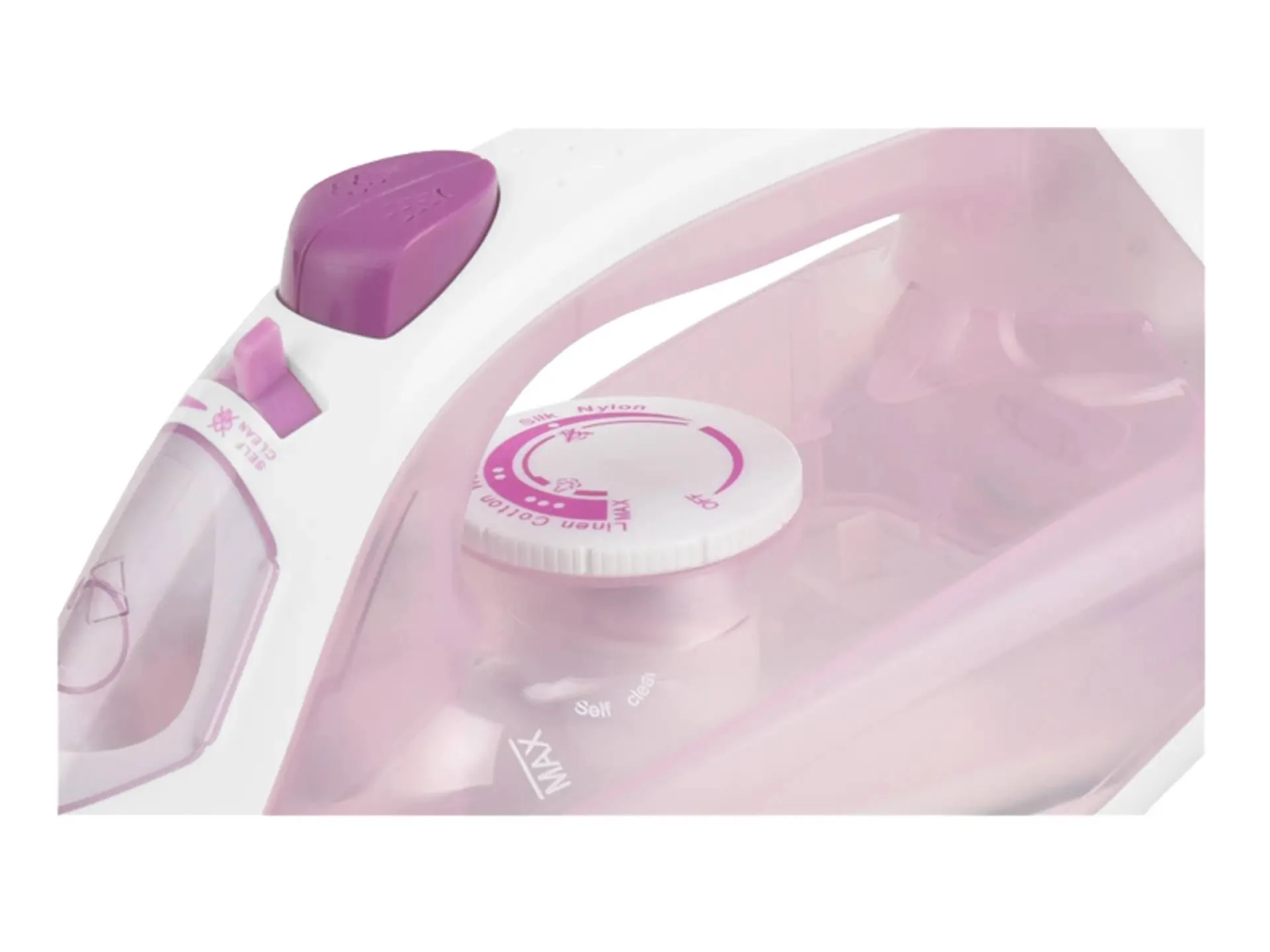 Nahaufnahme eines weißen und rosa Bügeleisens, das den Wassertank zeigt.