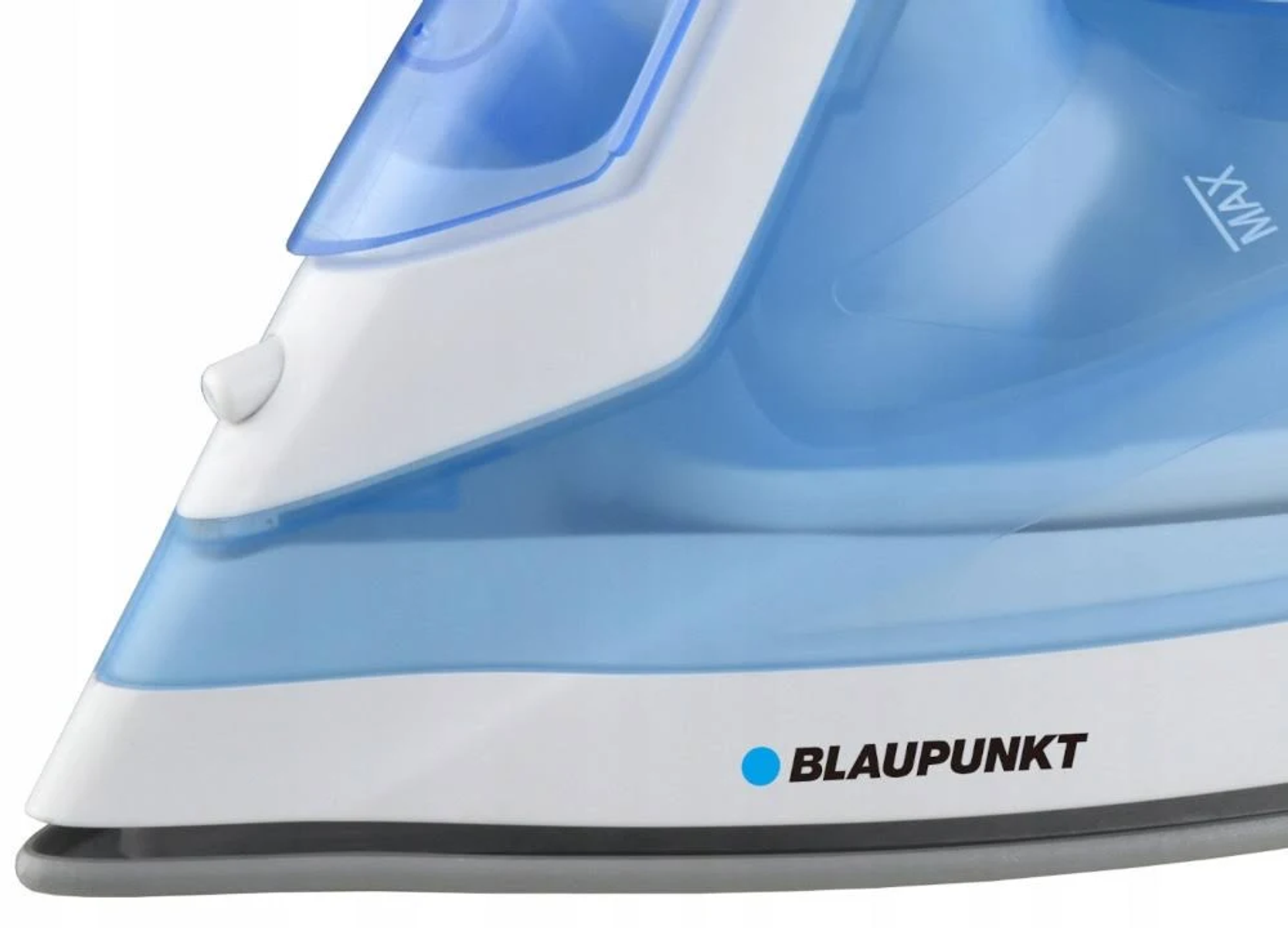Nahaufnahme eines weißen und blauen Bügeleisens mit dem Markennamen Blaupunkt.