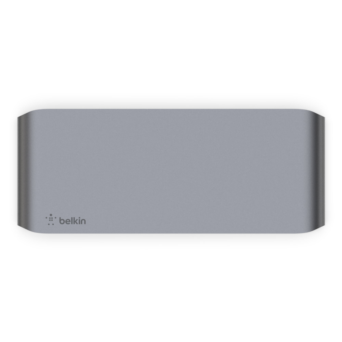 Hub USB-C Belkin argentato. Rettangolare con angoli arrotondati e il logo Belkin sul lato.