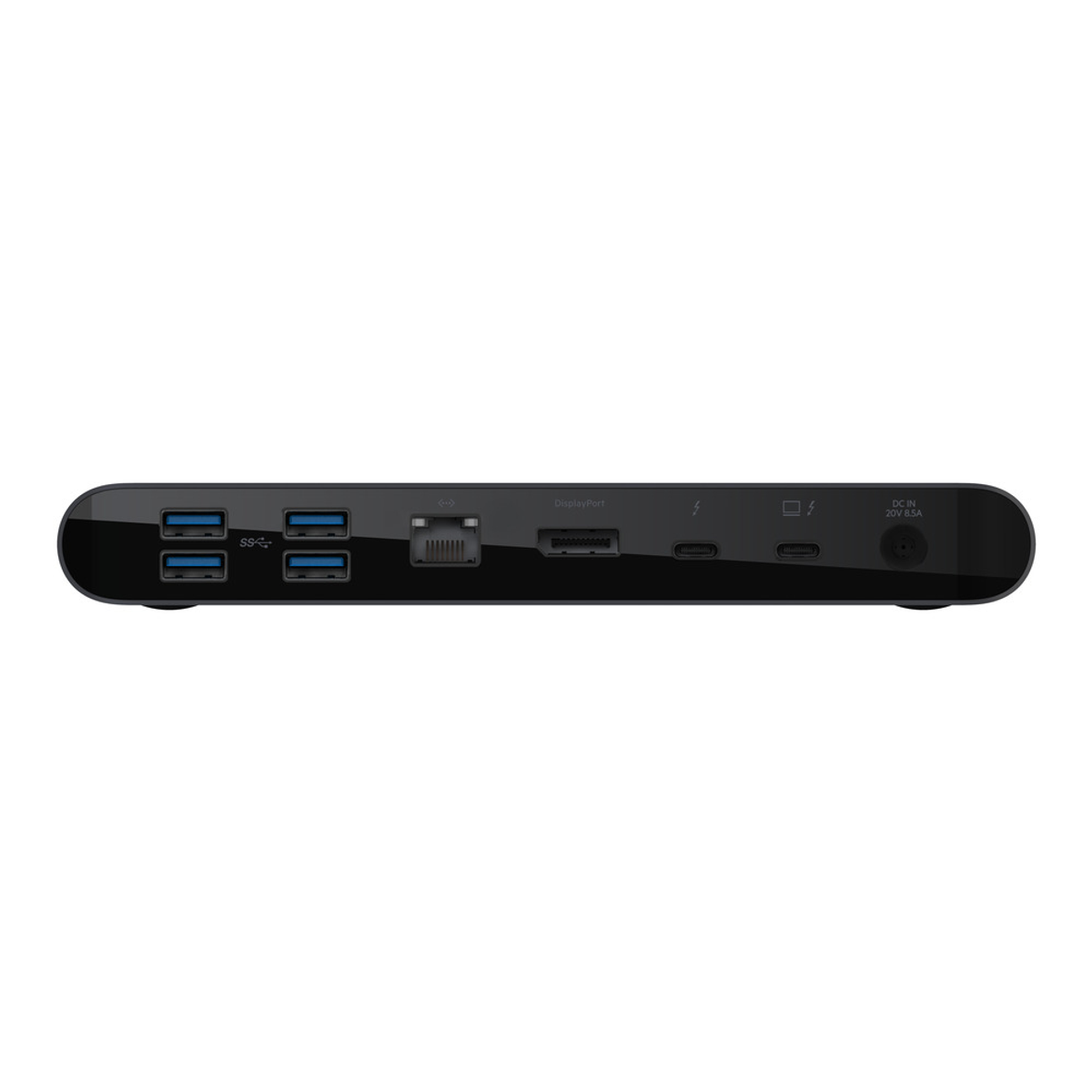 Docking station nera con più porte. Le porte USB, Ethernet, DisplayPort e di alimentazione sono visibili.