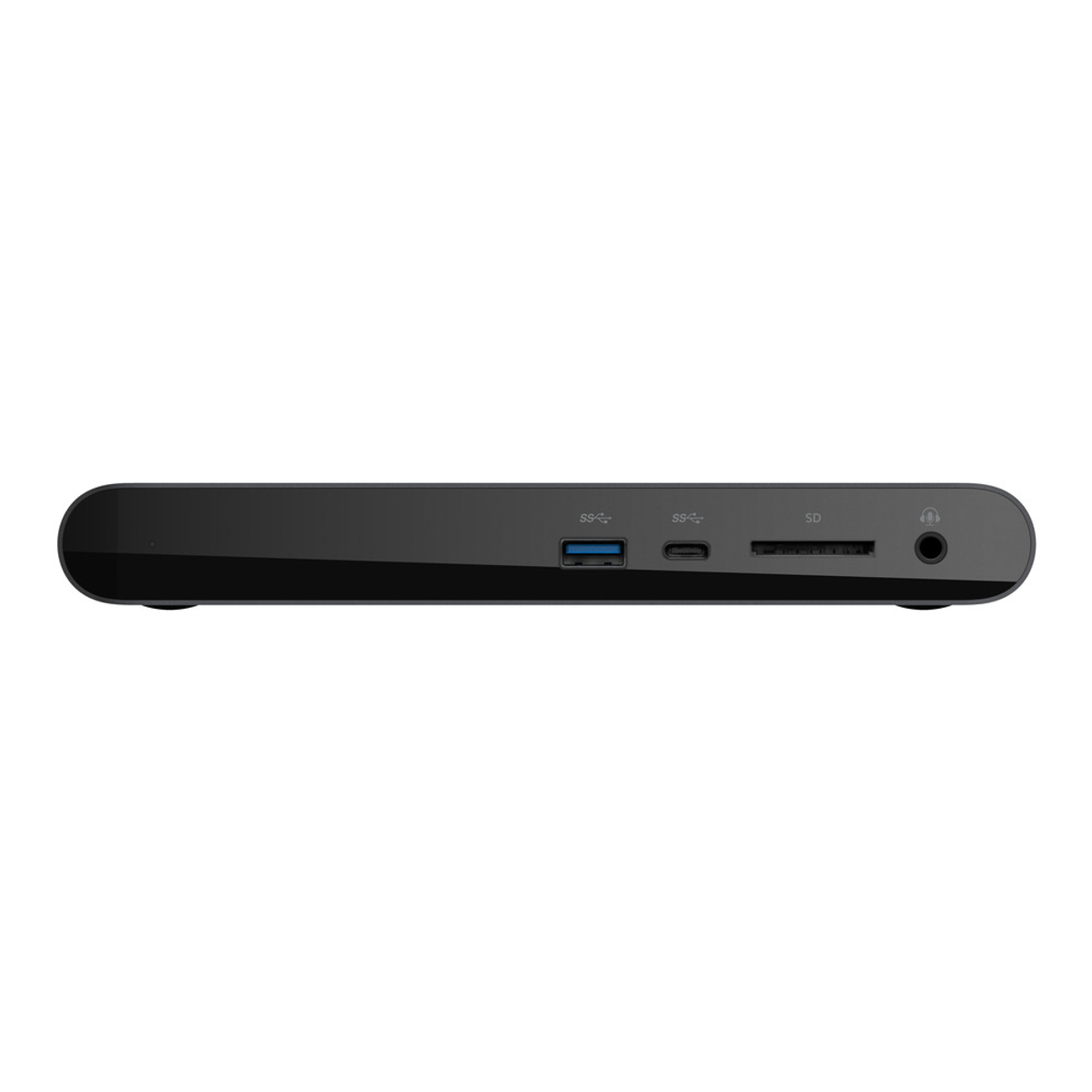 Un dispositivo nero e sottile con porte: USB, USB-C, scheda SD e jack per cuffie.
