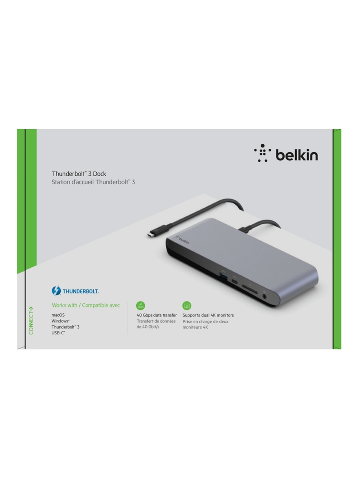 Dock Belkin Thunderbolt 3 con cavi, su sfondo bianco. Testo e loghi presenti.