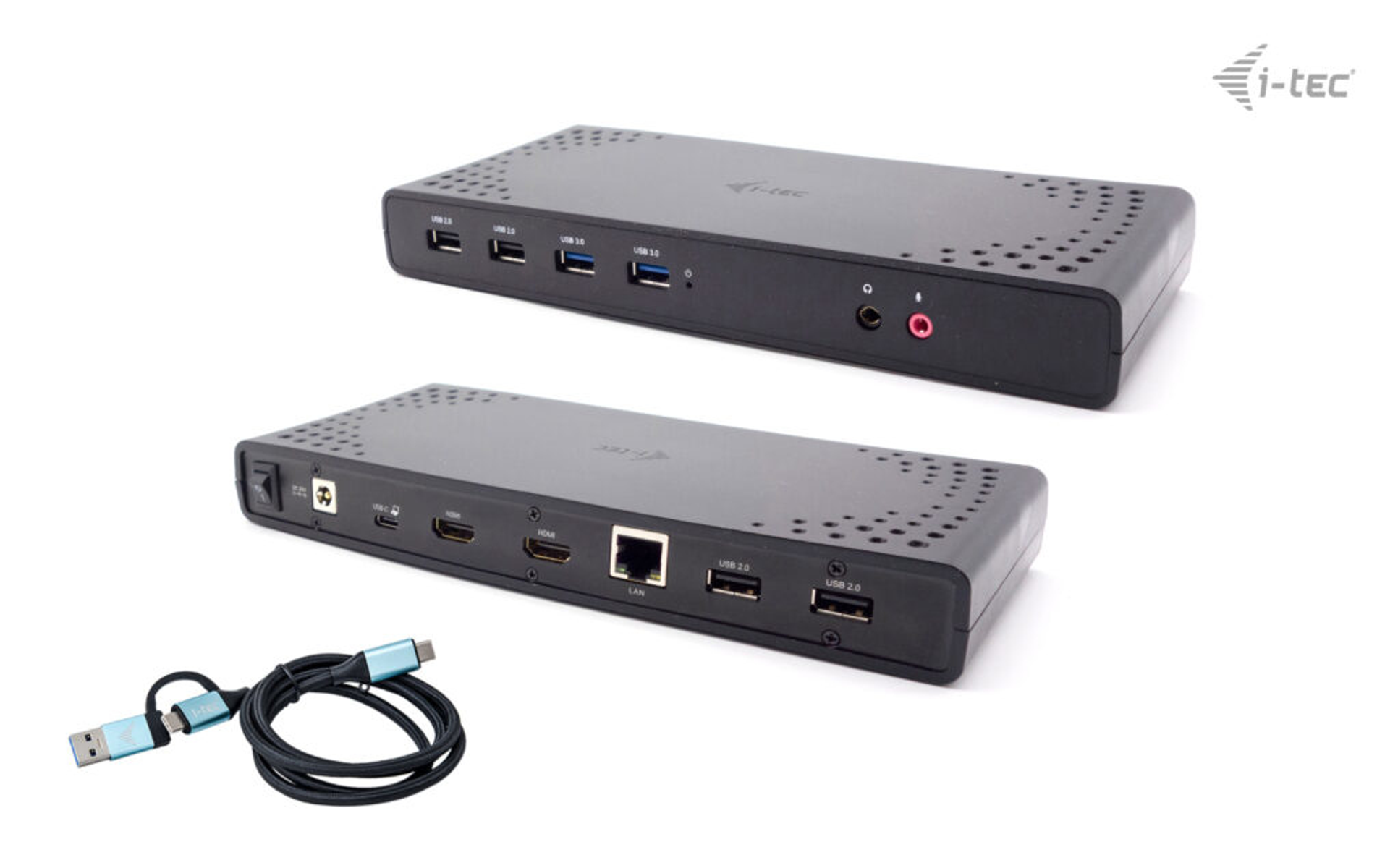 Due docking station nere con varie porte, un cavo USB e sfondo bianco.