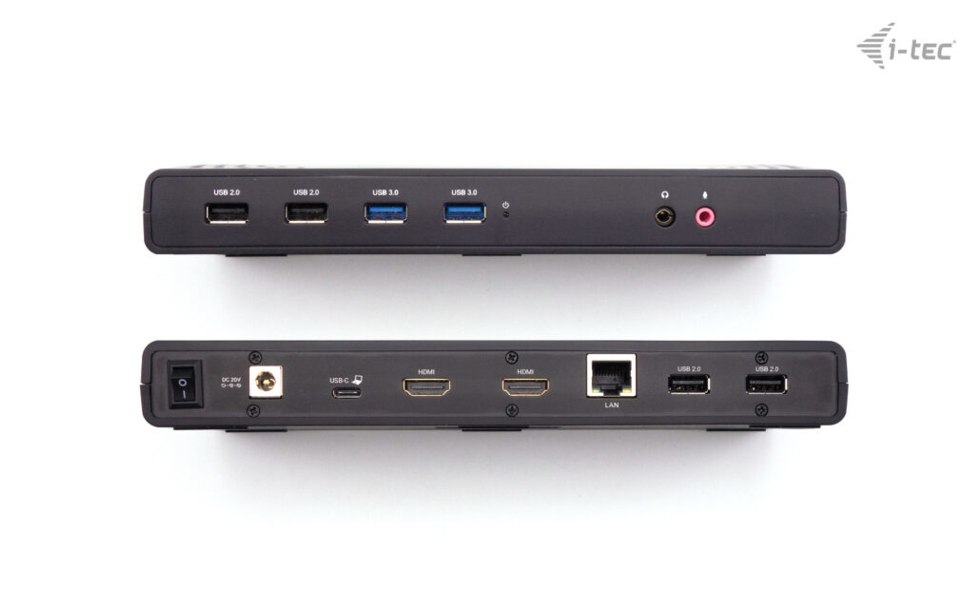 Docking station nera con più porte sopra e sotto. Il logo i-tec è visualizzato.