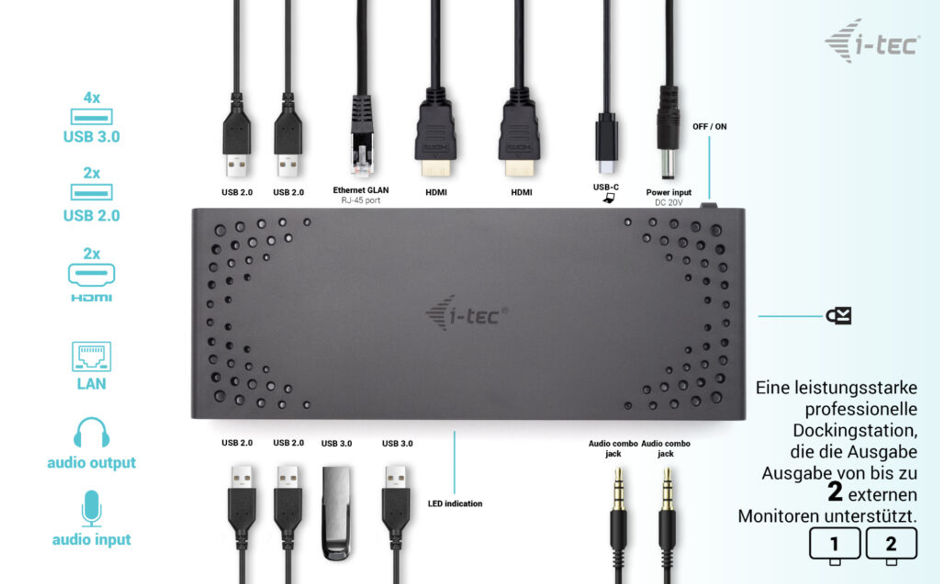 Docking station nera con varie porte e connessioni, tra cui USB e HDMI. Sfondo bianco.