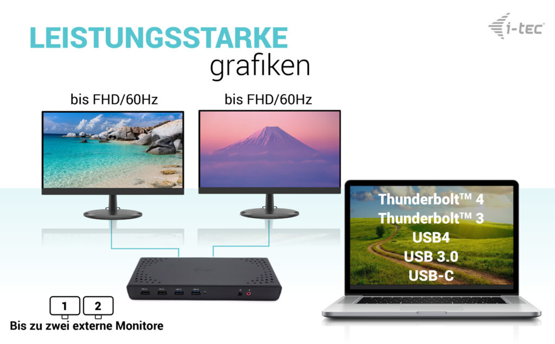 Un setup mostra due monitor e un laptop collegati a un hub. L'hub ha delle porte.