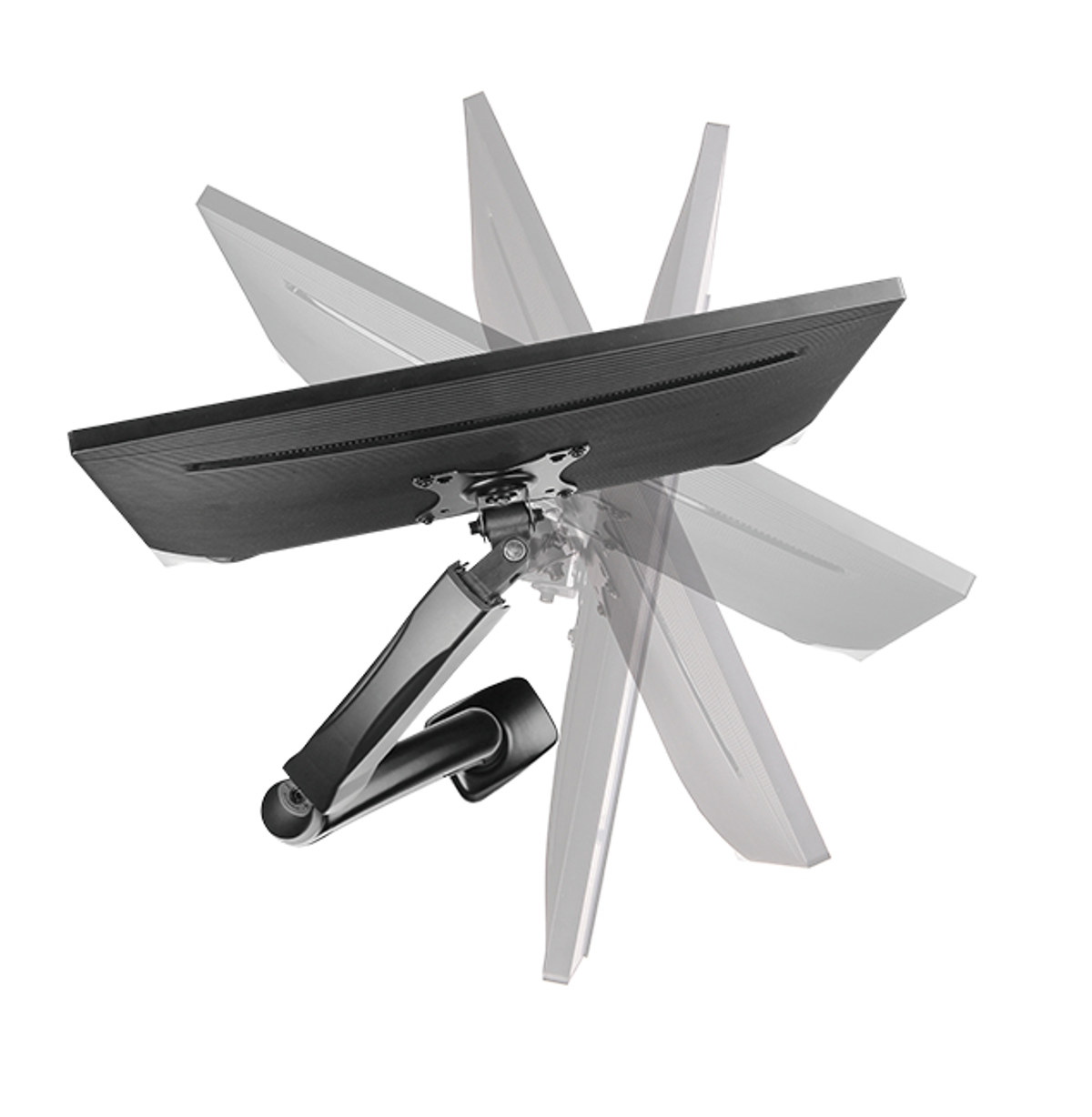 Monitor arm with a monitor attached, multiple ghost images showing movement.