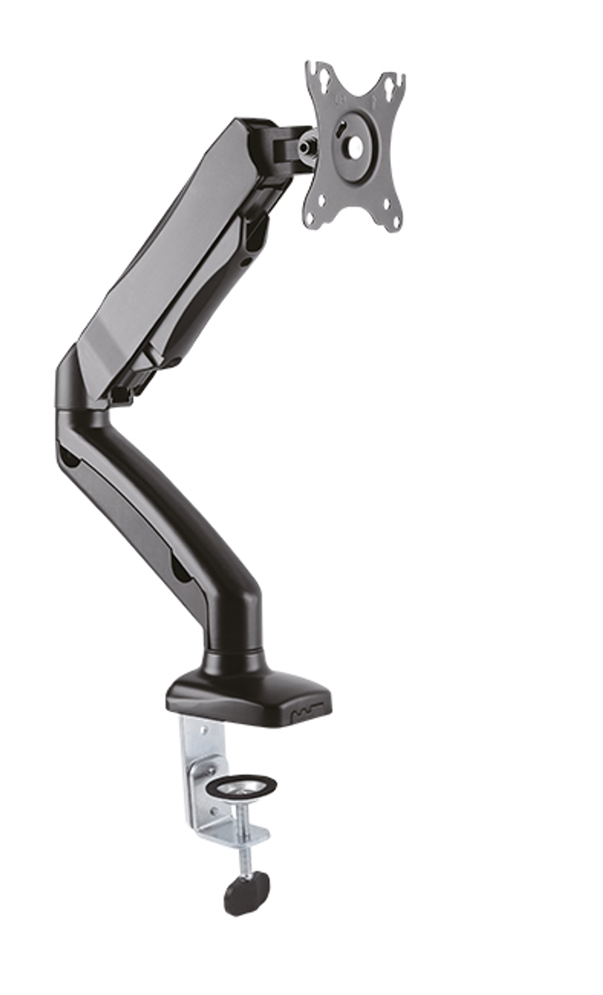 A black monitor arm with a clamp base, isolated on white background.