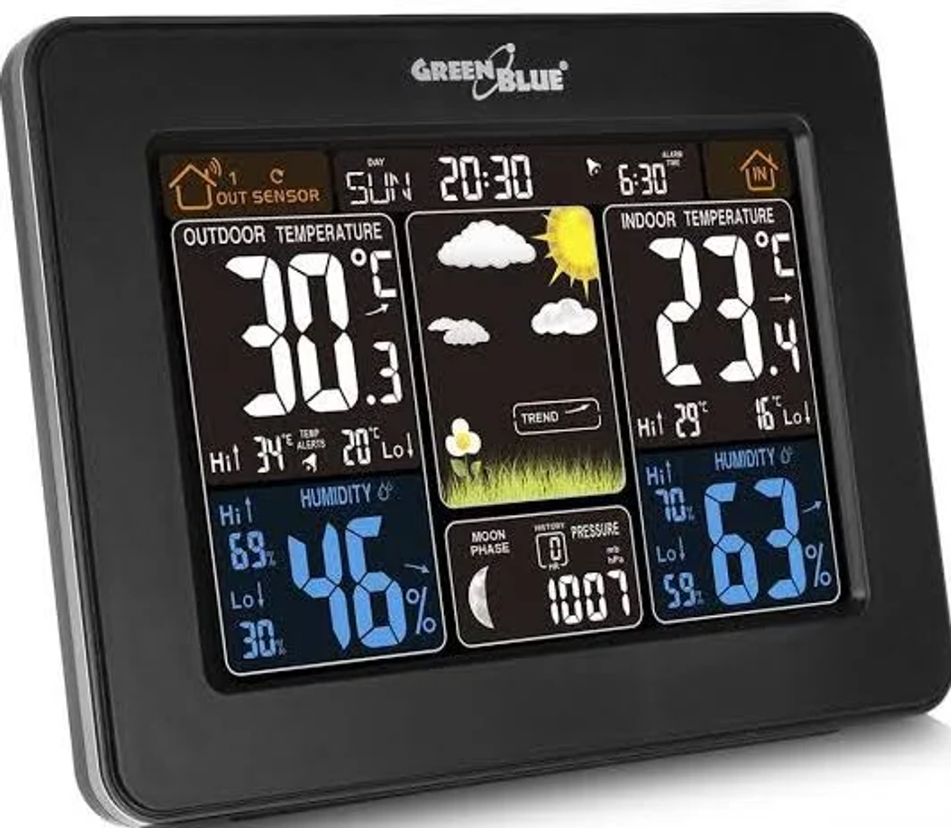 Schwarze Wetterstation mit Anzeige von Temperatur, Luftfeuchtigkeit und Uhrzeit.
