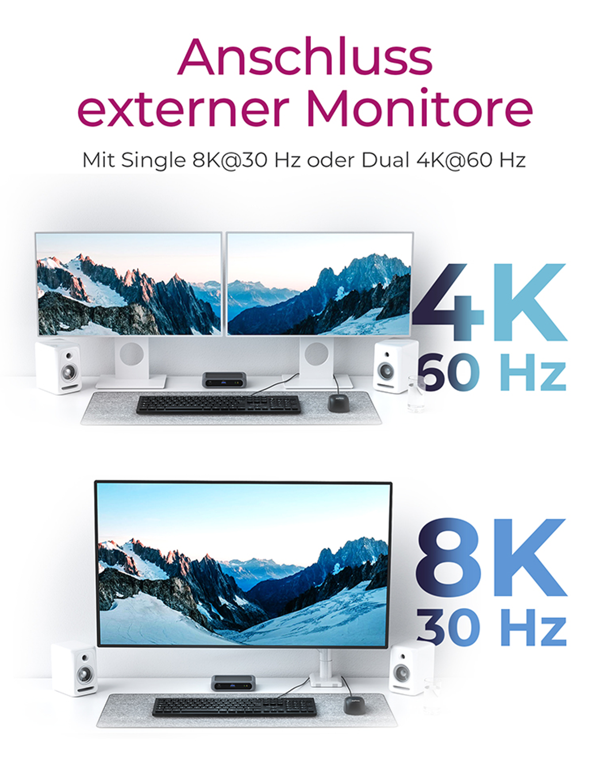 Zwei Monitore nebeneinander und einer unten, an ein Gerät angeschlossen.
