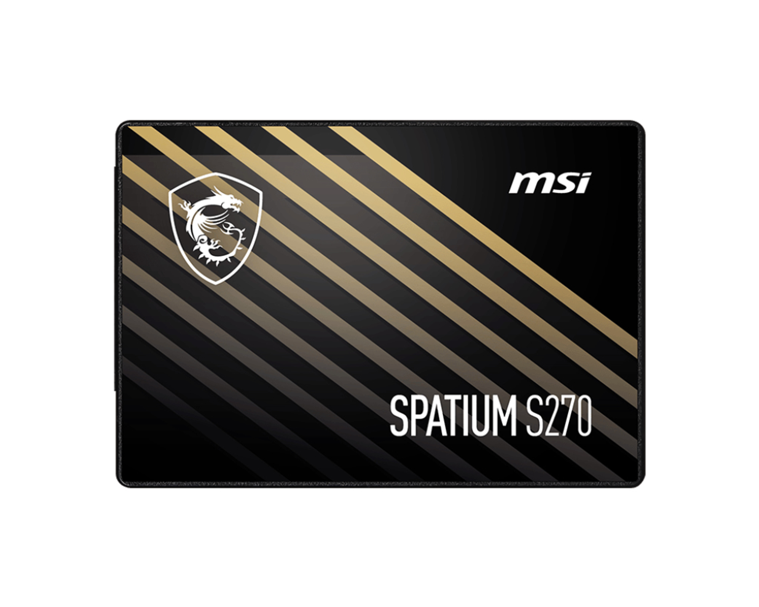 Czarny dysk SSD MSI Spatium S270 w etui ochronnym, z białym logo MSI i złotymi paskami.