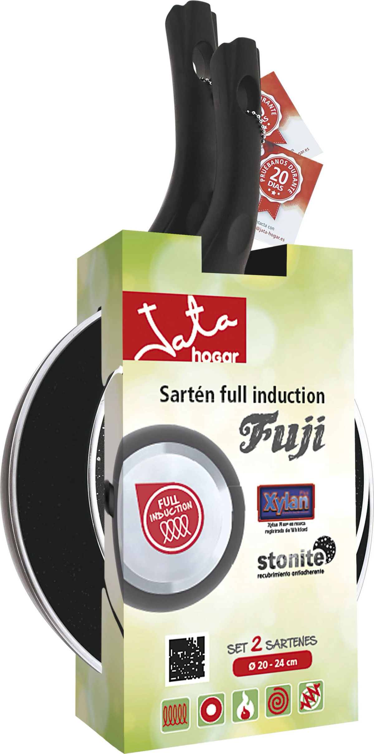 Ein Set aus zwei schwarzen Bratpfannen mit Etiketten und Produktbeschreibung auf der Verpackung.
