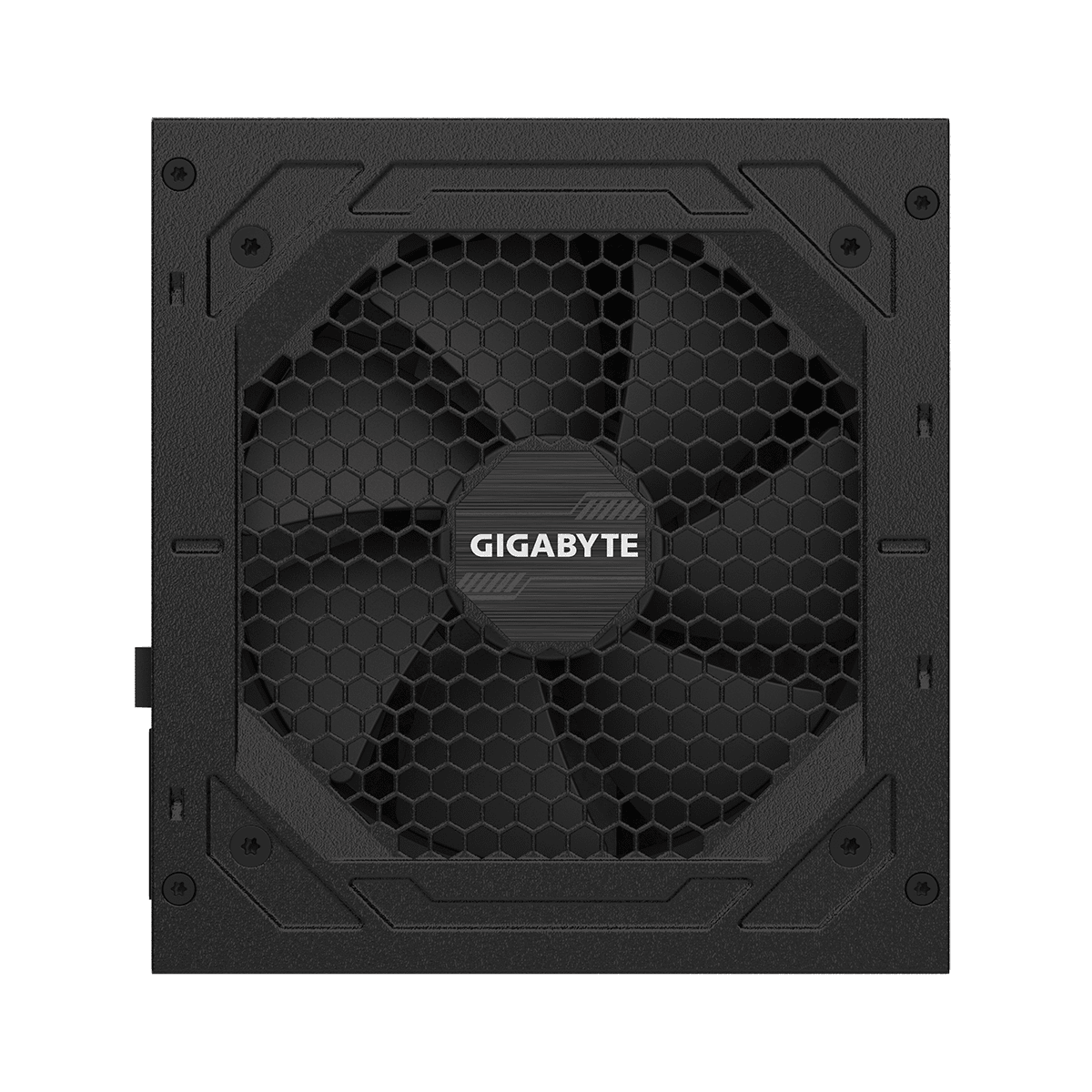 Een zwarte Gigabyte computer voeding met een ventilator en honingraatrooster.