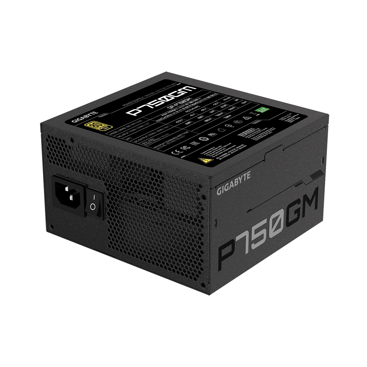 Zwarte computer voeding (PSU). Het heeft een roosterontwerp, labels en een aan/uit-schakelaar.