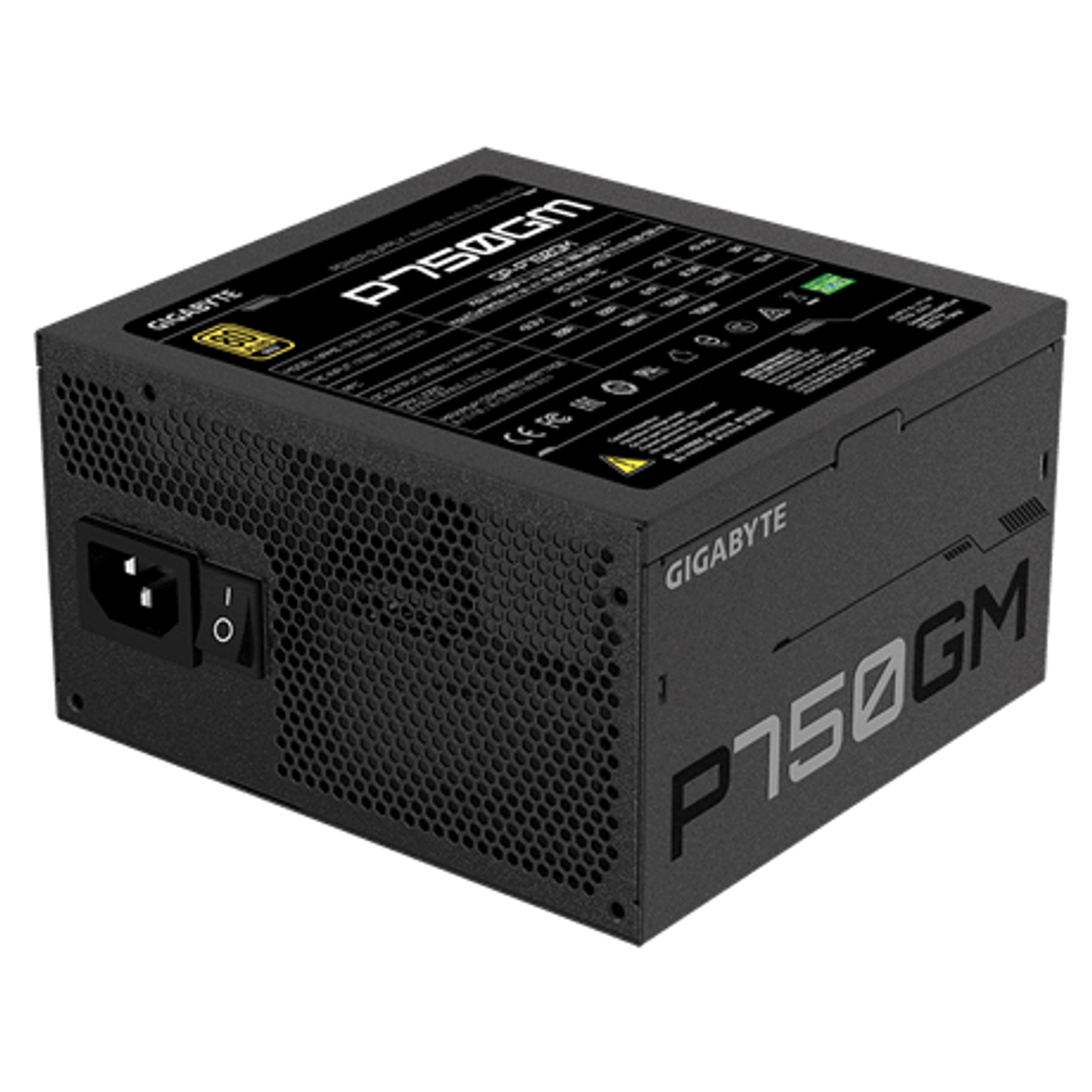 Zwarte Gigabyte P750GM voeding met een aan/uit-knop en een stroomingang.