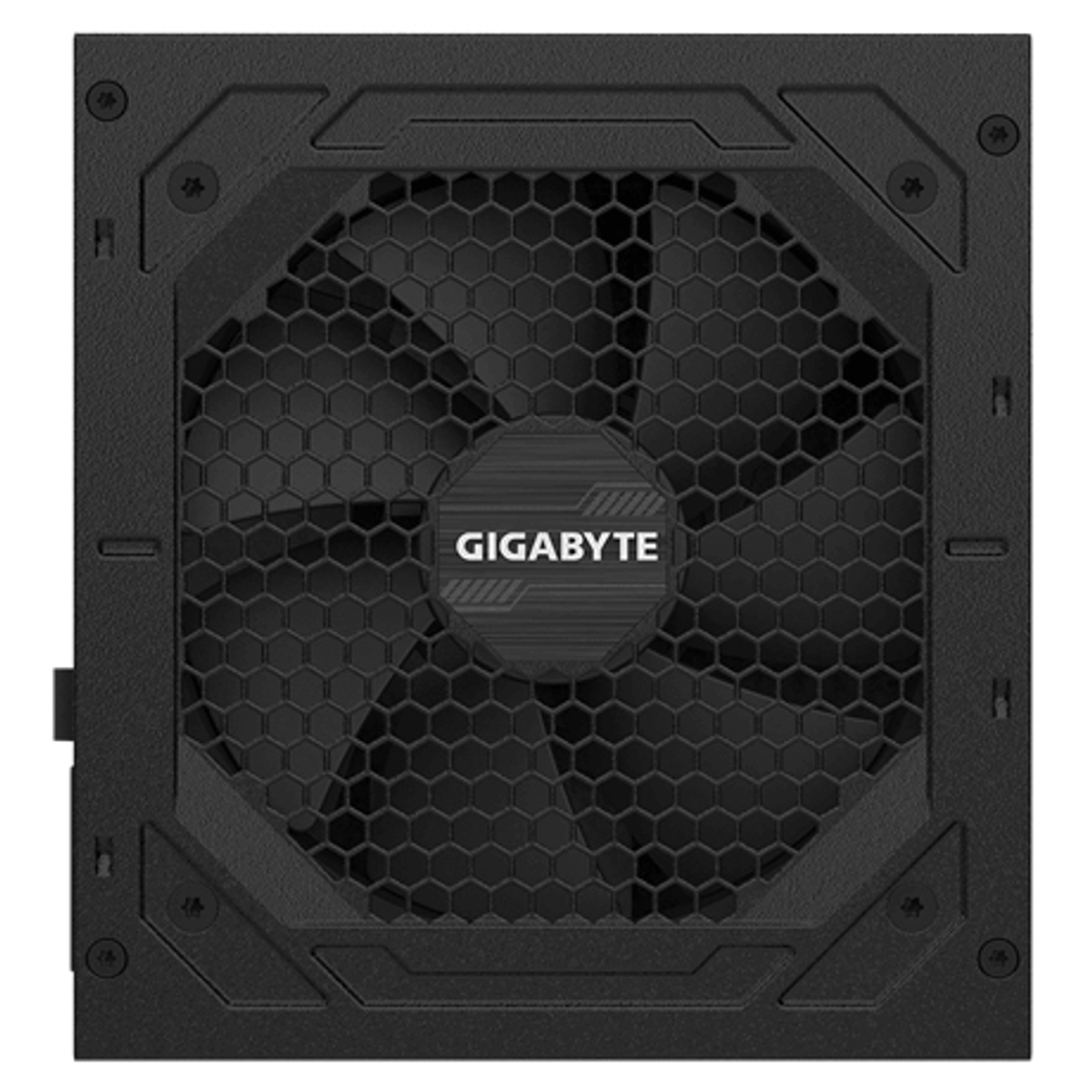 Zwarte ventilator van de computer. De merknaam is GIGABYTE.