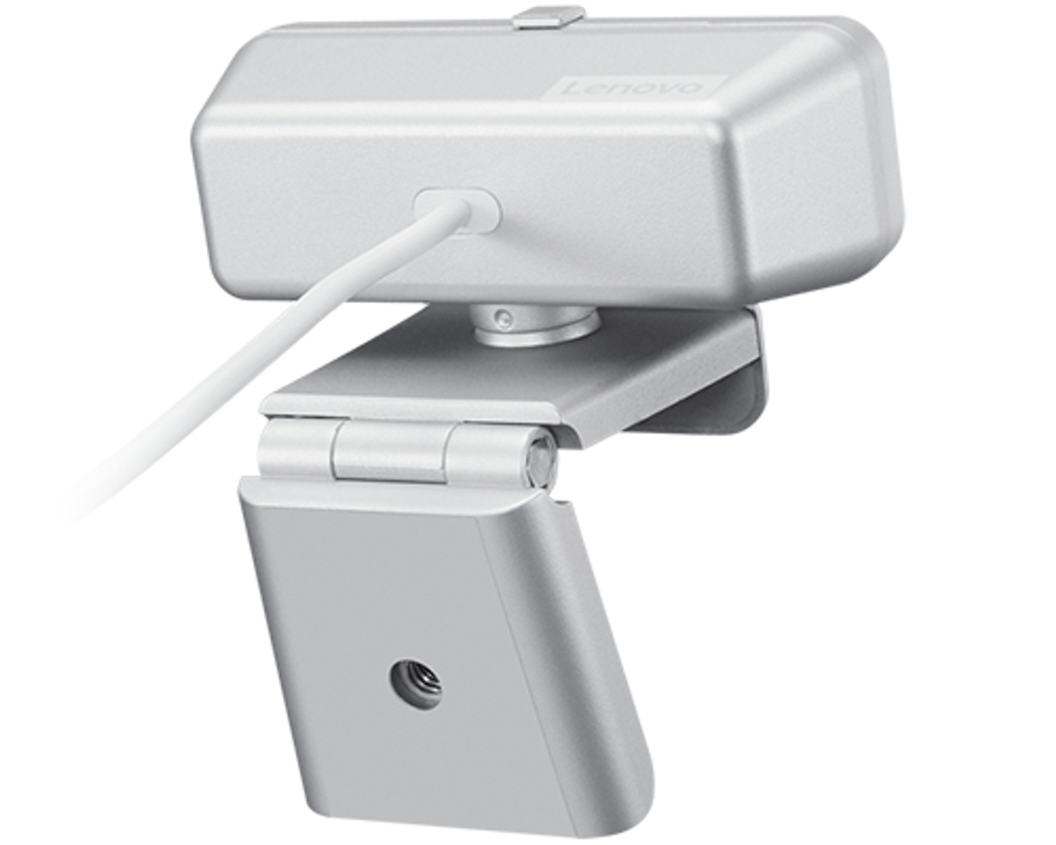 Webcam Lenovo argento con cavo bianco, su sfondo bianco.