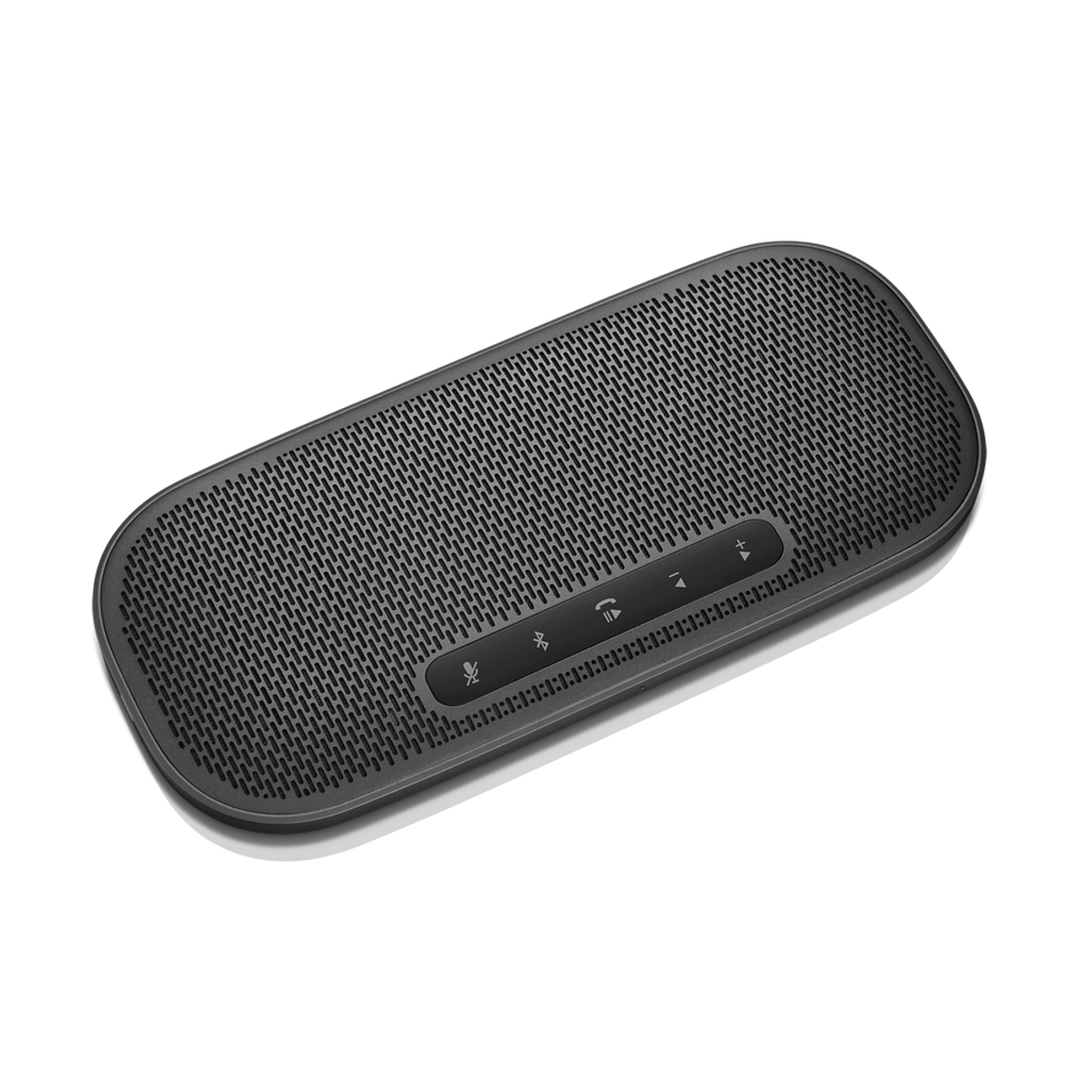 Altavoz negro, ovalado, con botones de control sobre un fondo blanco.