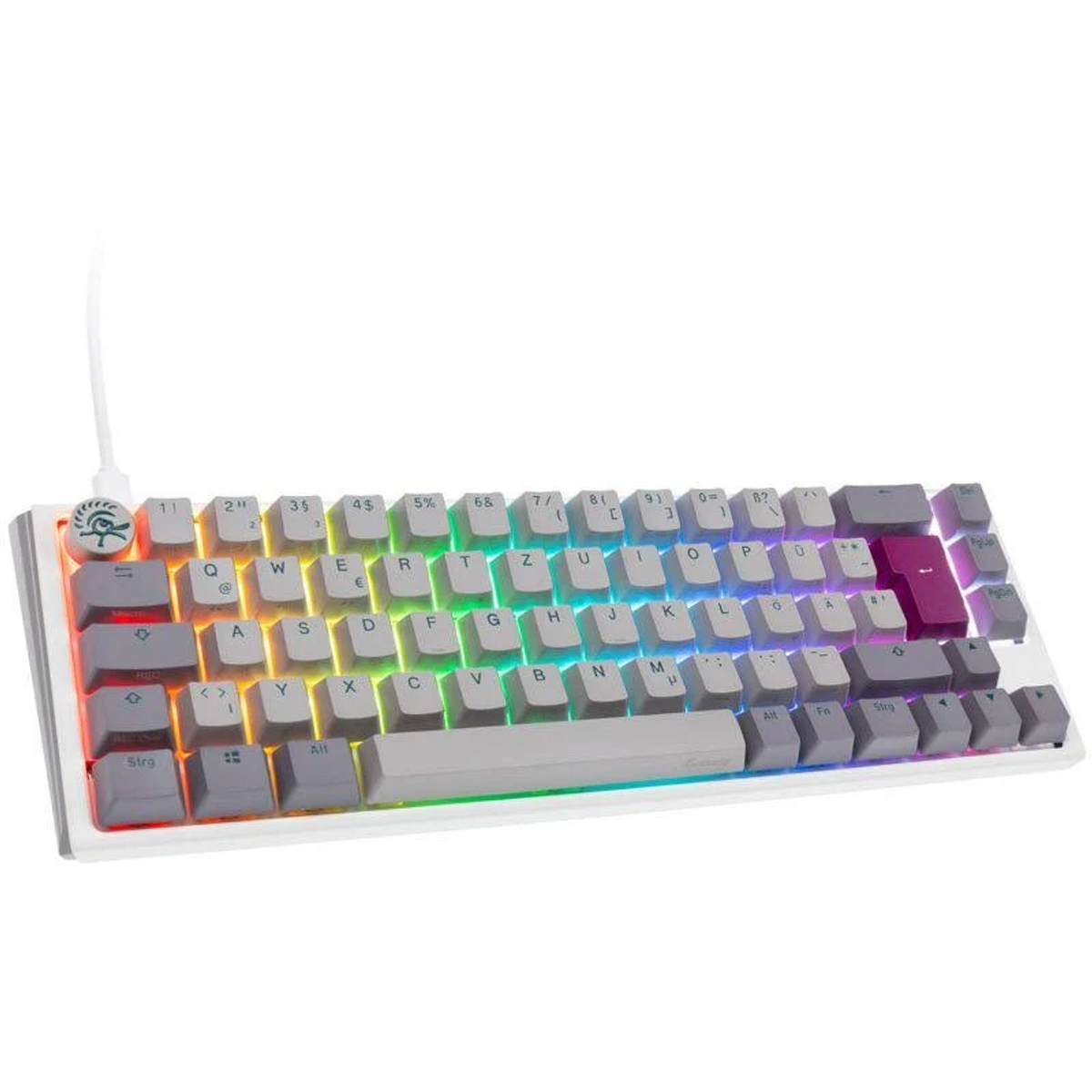 Tastiera meccanica bianca con tasti grigi e arcobaleno. I tasti sono grigi.