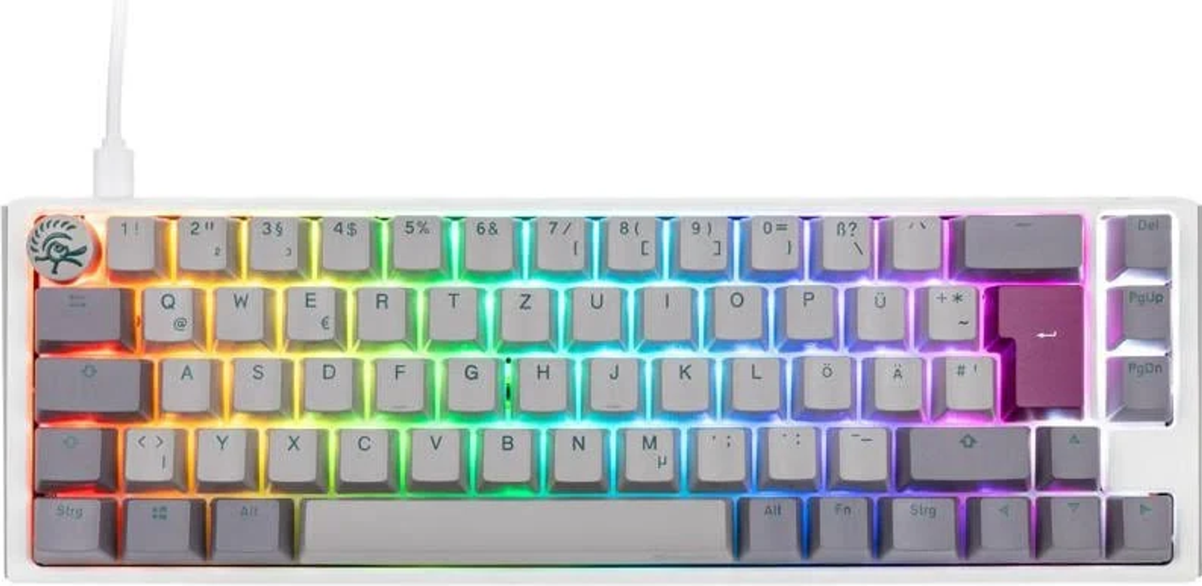 Tastiera bianca con tasti grigi e viola. Retroilluminazione arcobaleno. Cavo bianco.
