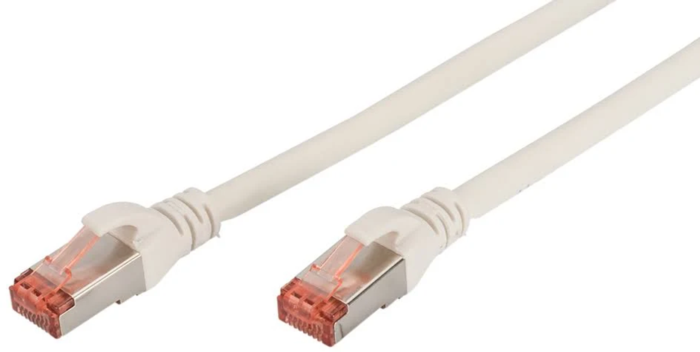Biały kabel Ethernet z pomarańczowymi złączami. Kabel jest prosty, a złącza są blisko.