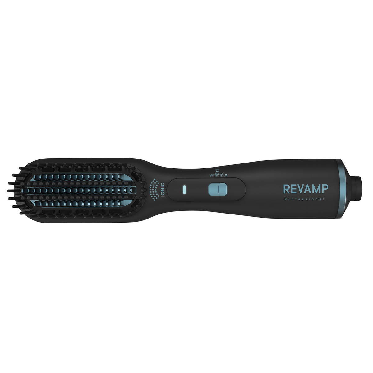 Spazzola lisciante per capelli nera con setole blu e logo Revamp. Sfondo bianco.