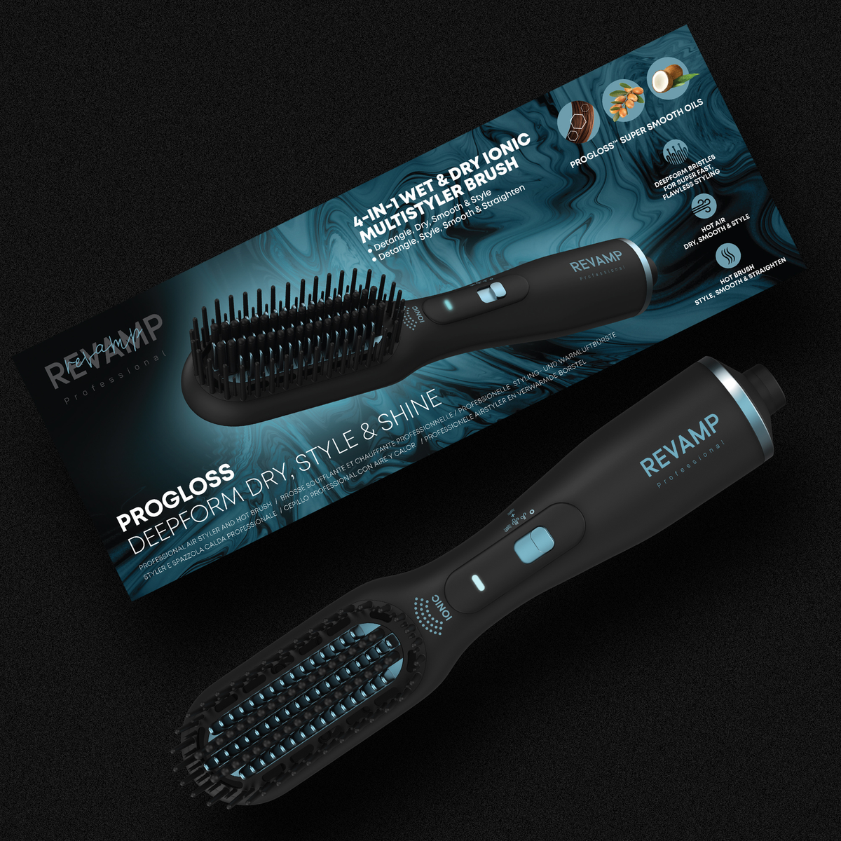 Un set di spazzola e styler per capelli Revamp Professional nero. La confezione mostra la spazzola e le sue funzioni.