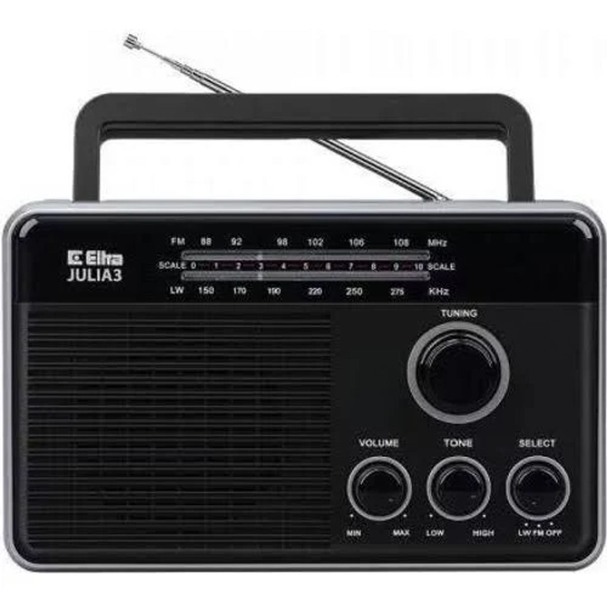 Schwarzes Retro-Radio mit Abstimmknöpfen, Griff und Antenne. Es hat einen Lautsprechergrill.