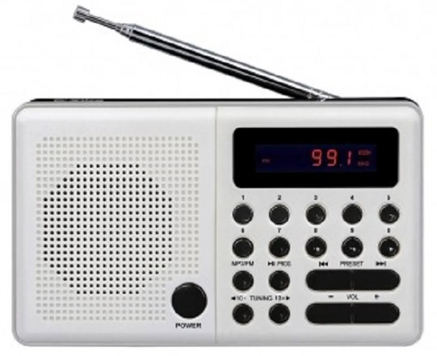 Weißes Radio mit Knöpfen, einem Display mit 99.1 und einer Antenne. Weißer Hintergrund.