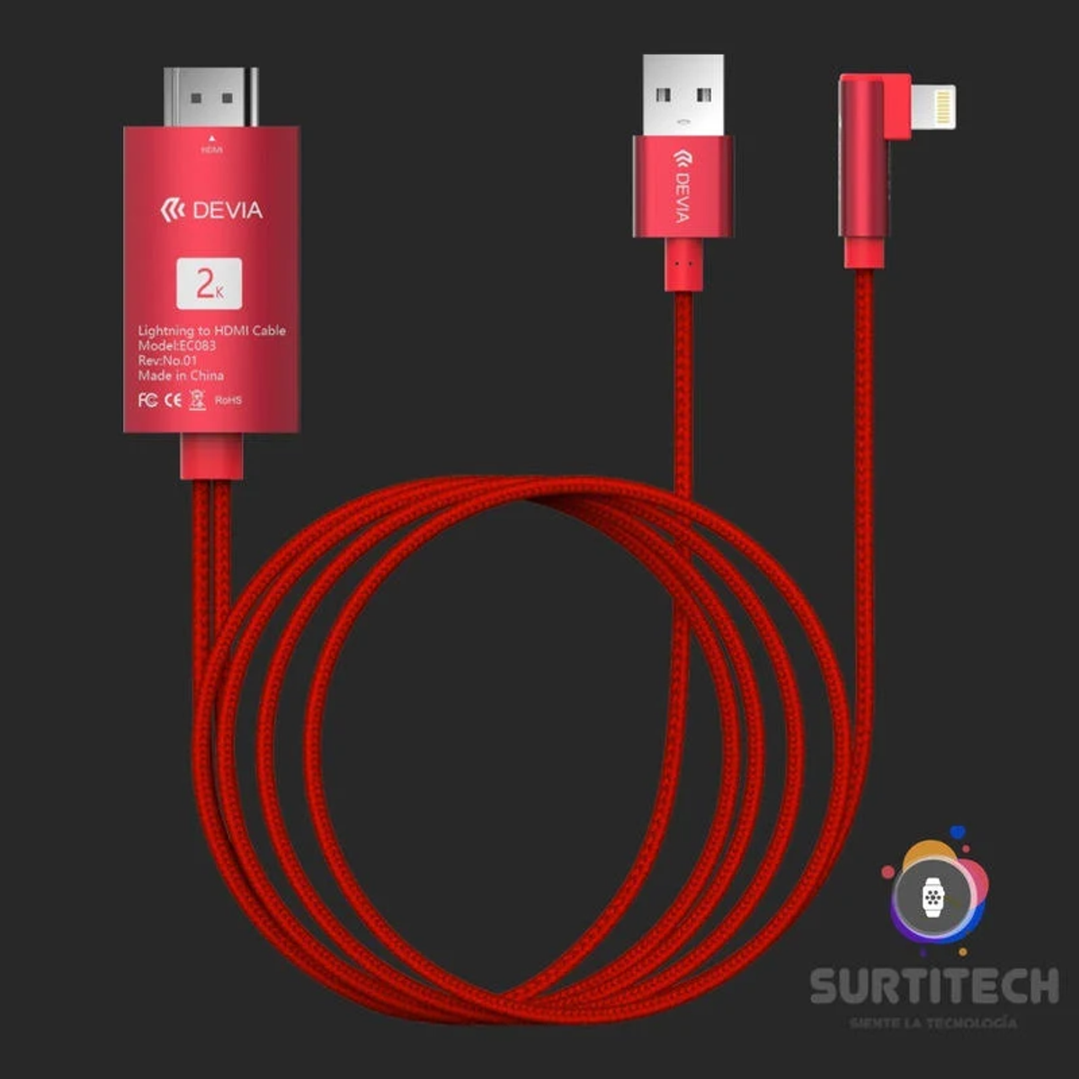 Cavo HDMI a Lightning rosso con USB. Ha un design rosso e nero, con il logo del marchio 'DEVIA'.