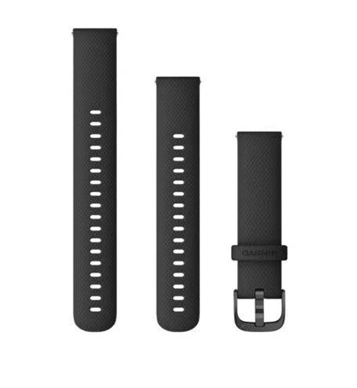 Drei schwarze Uhrenarmbänder mit Lochmuster und einer Schnalle.