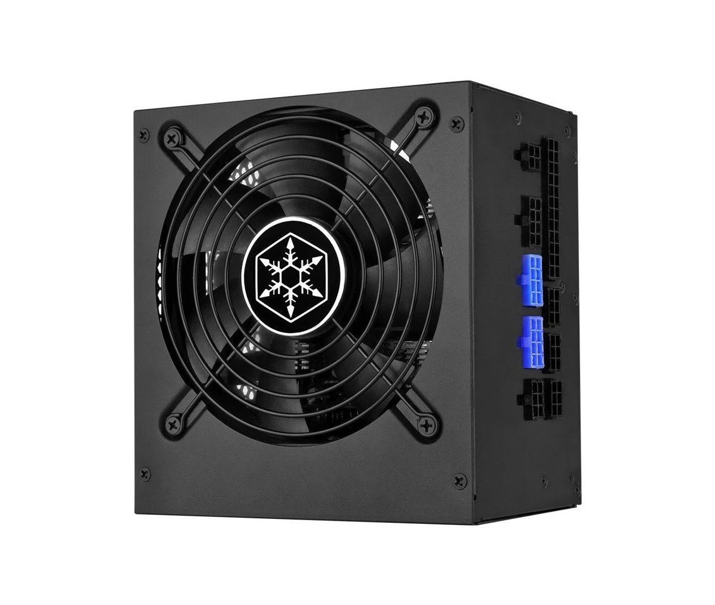 Alimentatore nero con ventola e più connettori, con logo a fiocco di neve.