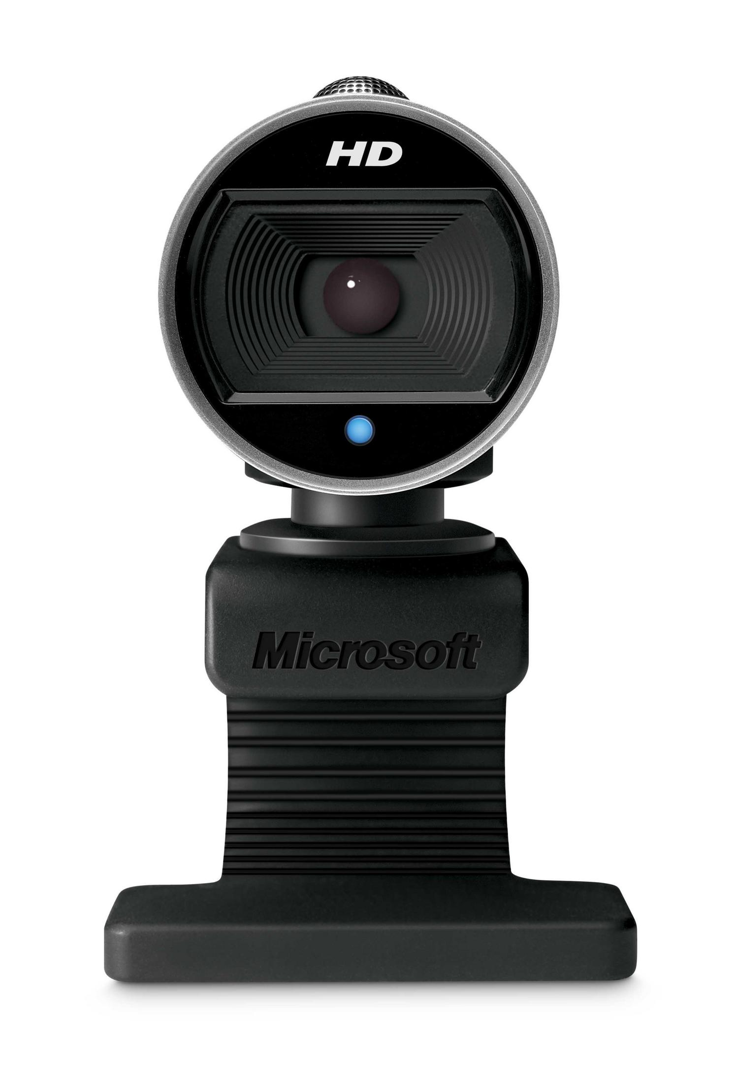 Schwarze Microsoft Webcam mit blauem Licht auf weißem Hintergrund.