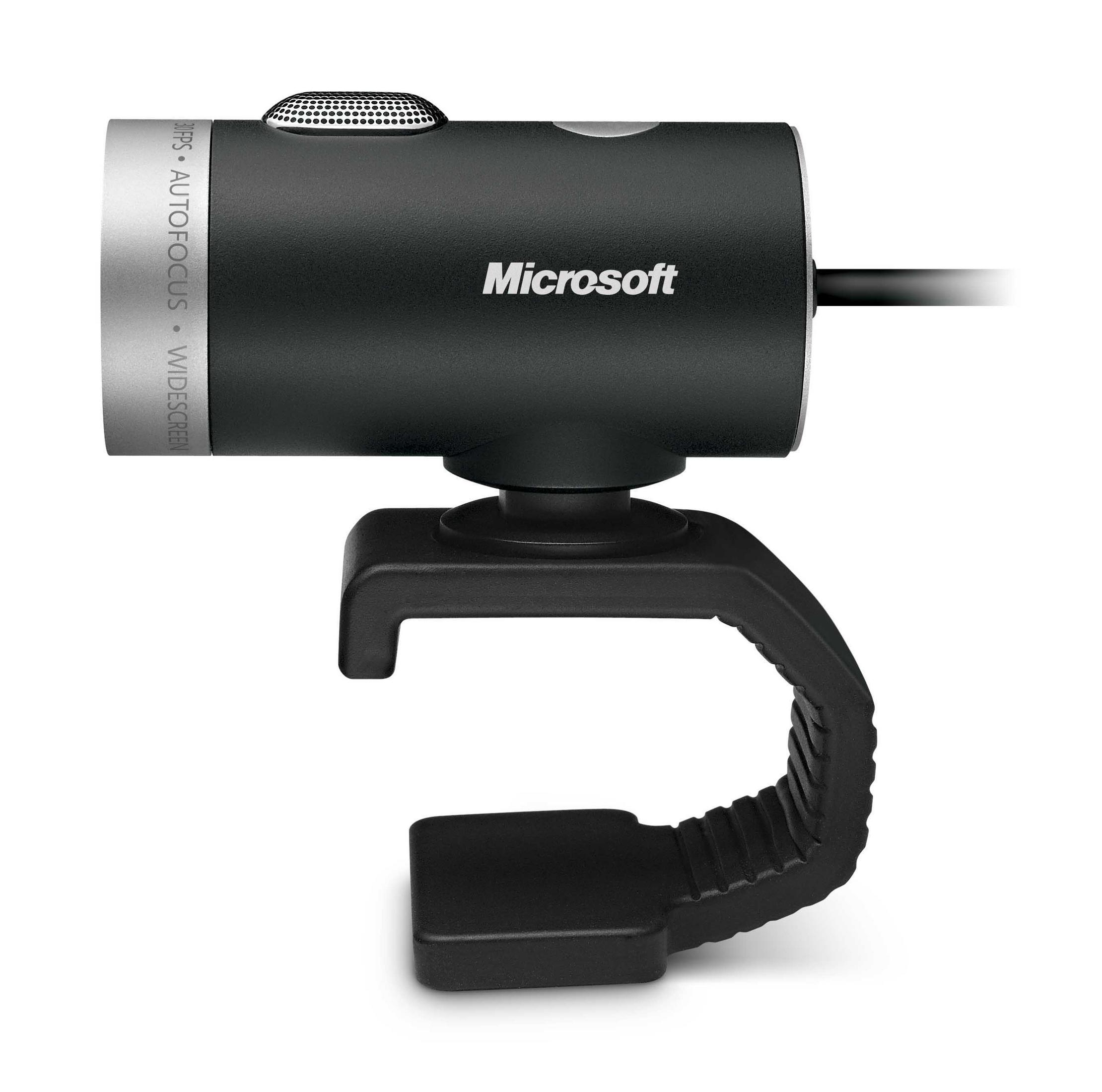 Schwarze Microsoft Webcam. Zylindrische Form, mit Chromring, auf einem schwarzen, verstellbaren Ständer.