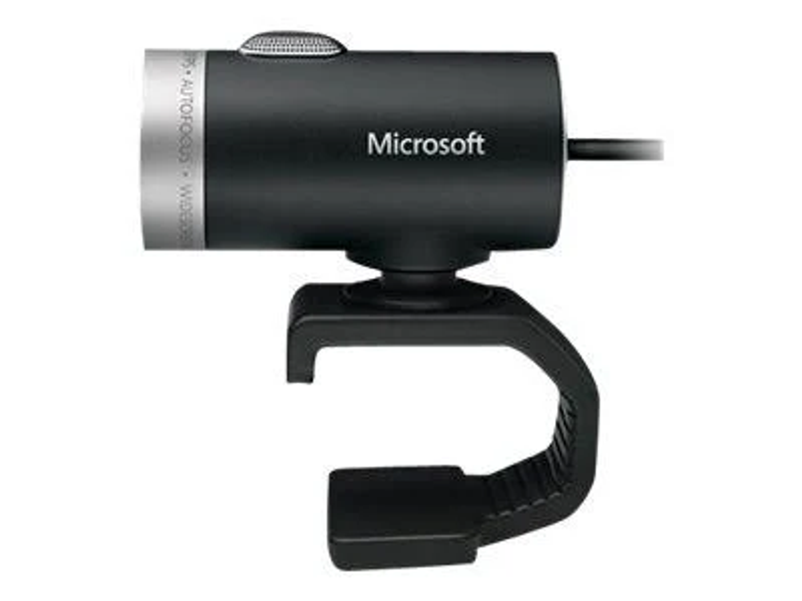 Schwarze Microsoft Webcam. Silberner Ring mit Text.