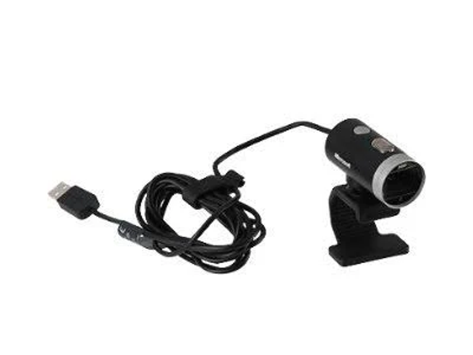 Schwarze Webcam mit USB-Kabel und Ständer.