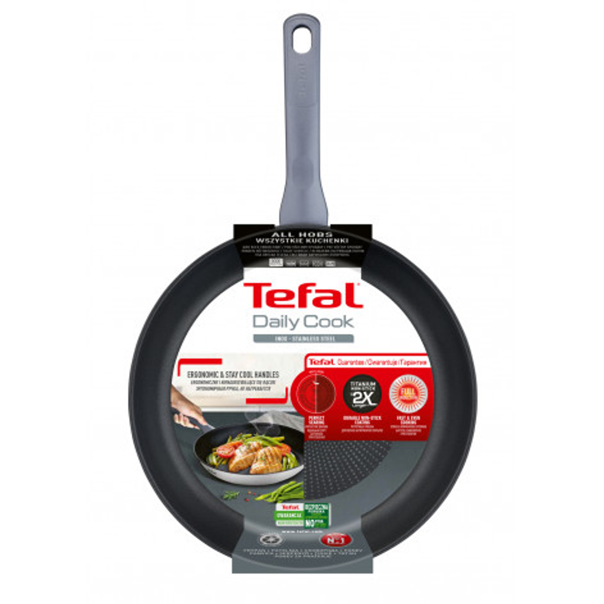 Patelnia Tefal Daily Cook z szarym uchwytem. Opakowanie z instrukcją gotowania.