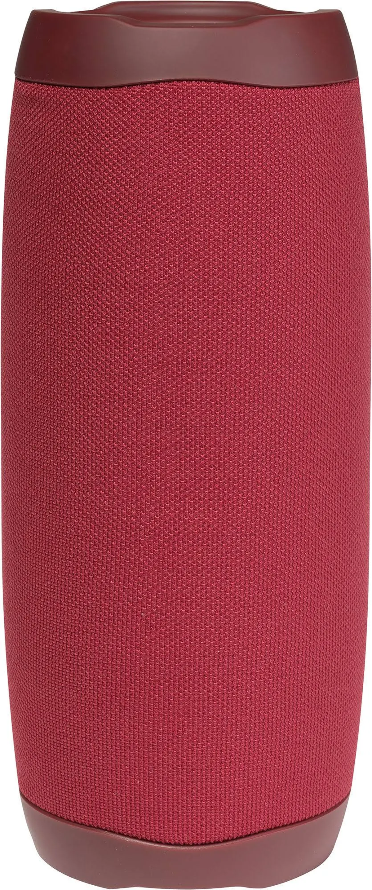 Czerwony głośnik cylindryczny z bordowymi końcami, zaprojektowany z fakturą tkaniny i eleganckim designem.