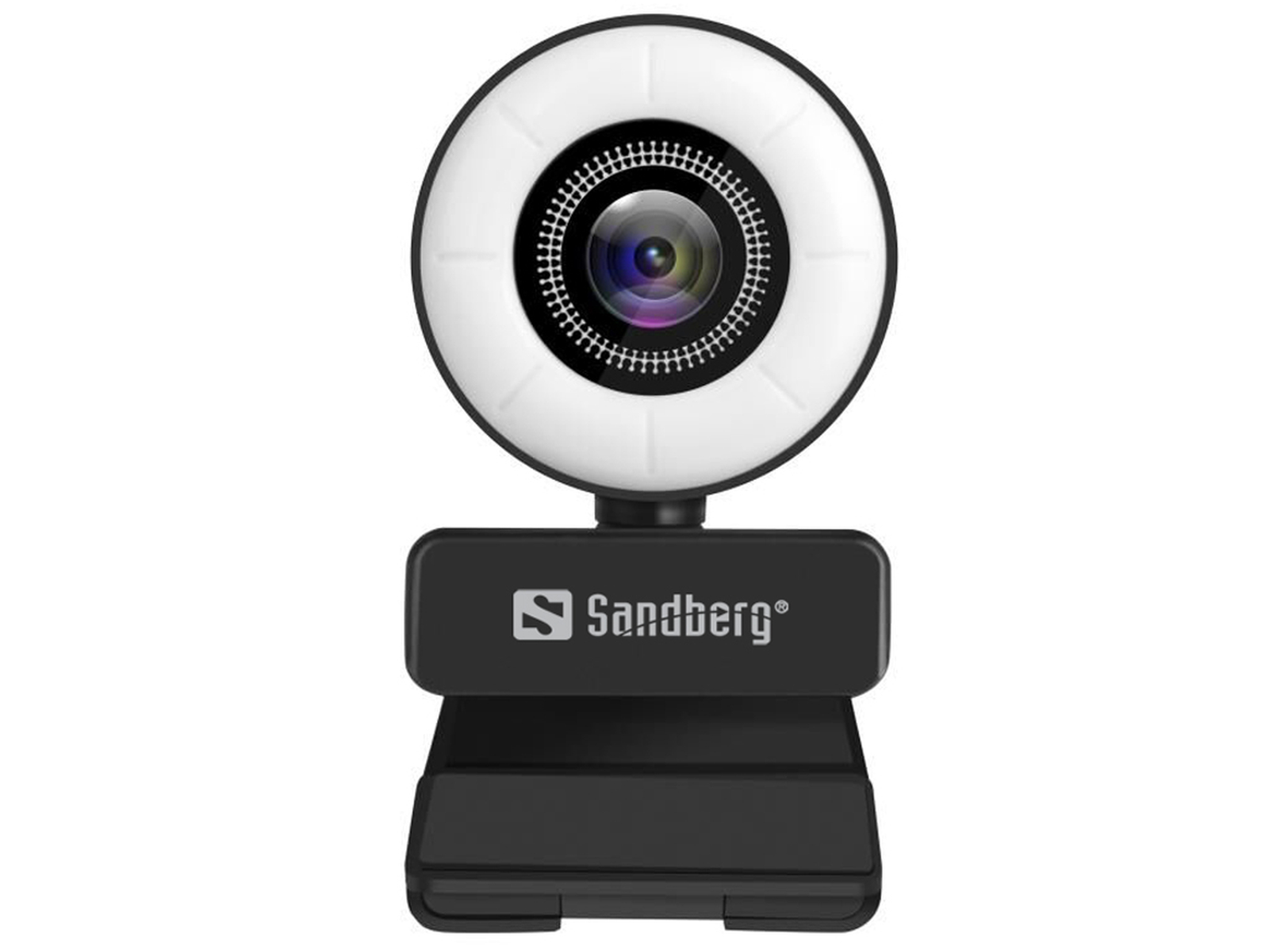 Eine schwarze Webcam mit Ringlicht und dem Sandberg-Logo auf einem schwarzen Clip.