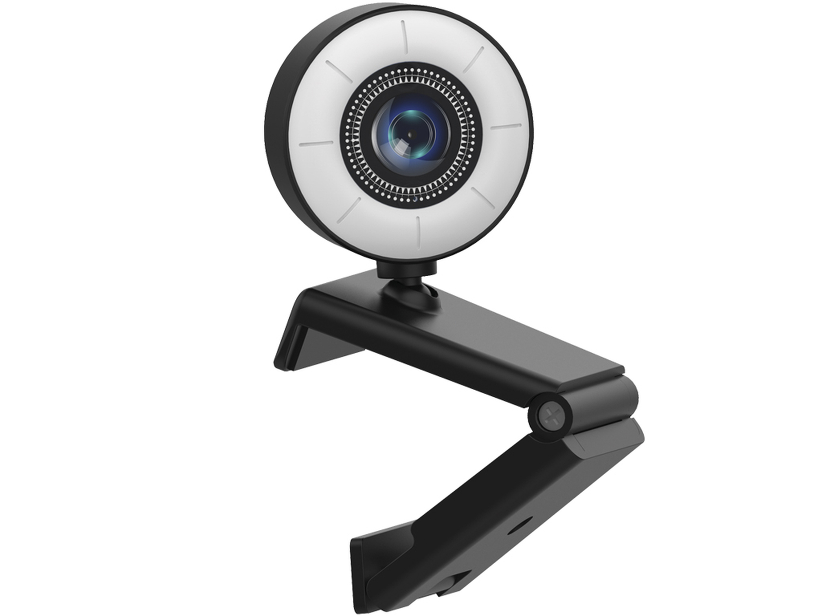 Eine schwarze Webcam mit einem Ringlicht um die Linse. Sie ist auf einem flexiblen Ständer montiert.