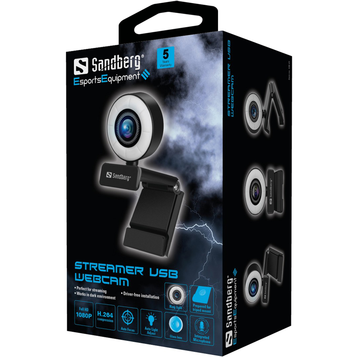 Eine Sandberg-Webcam-Box zeigt die Webcam, Funktionen und 5 Jahre Garantie. Die Box ist dunkelblau und schwarz.