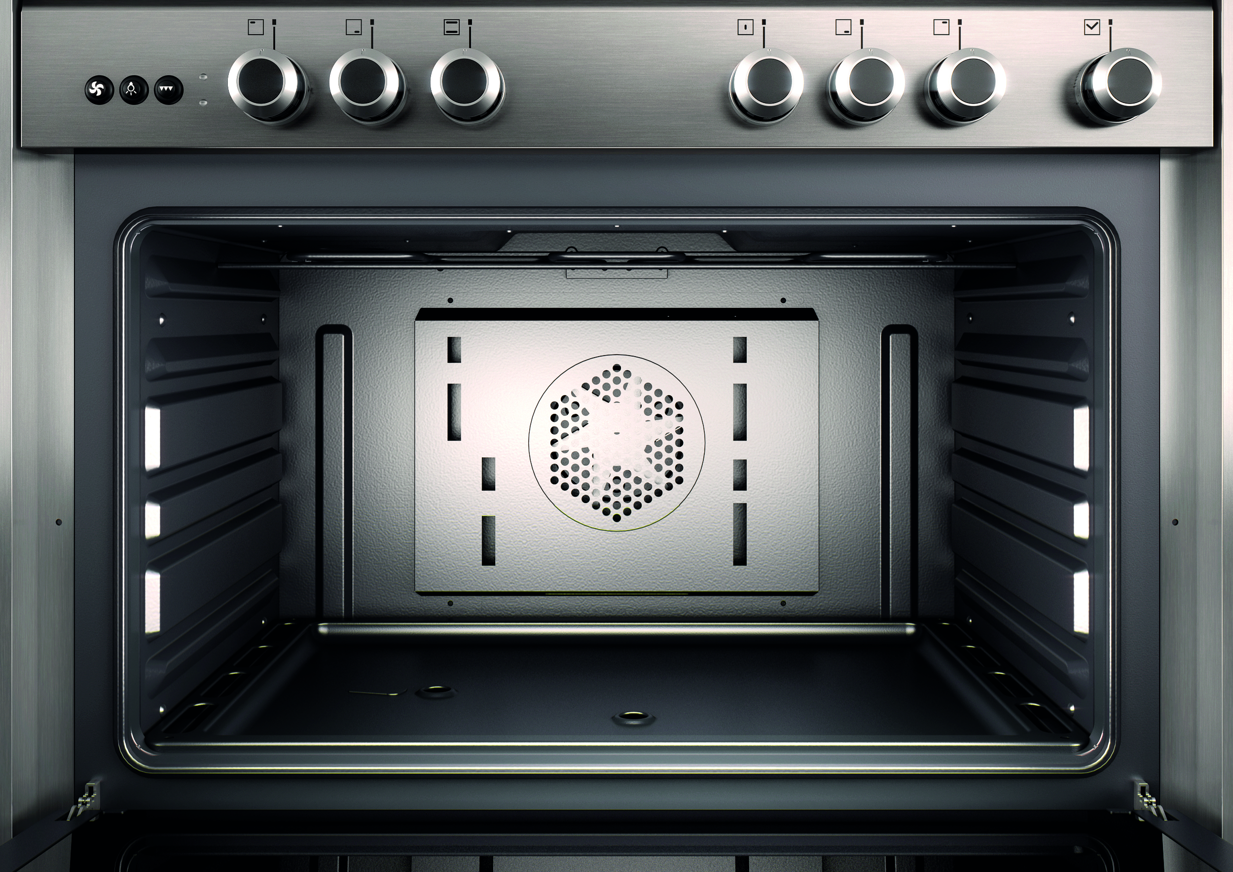 Interior de un horno, mostrando el ventilador, las luces y el interior del horno.