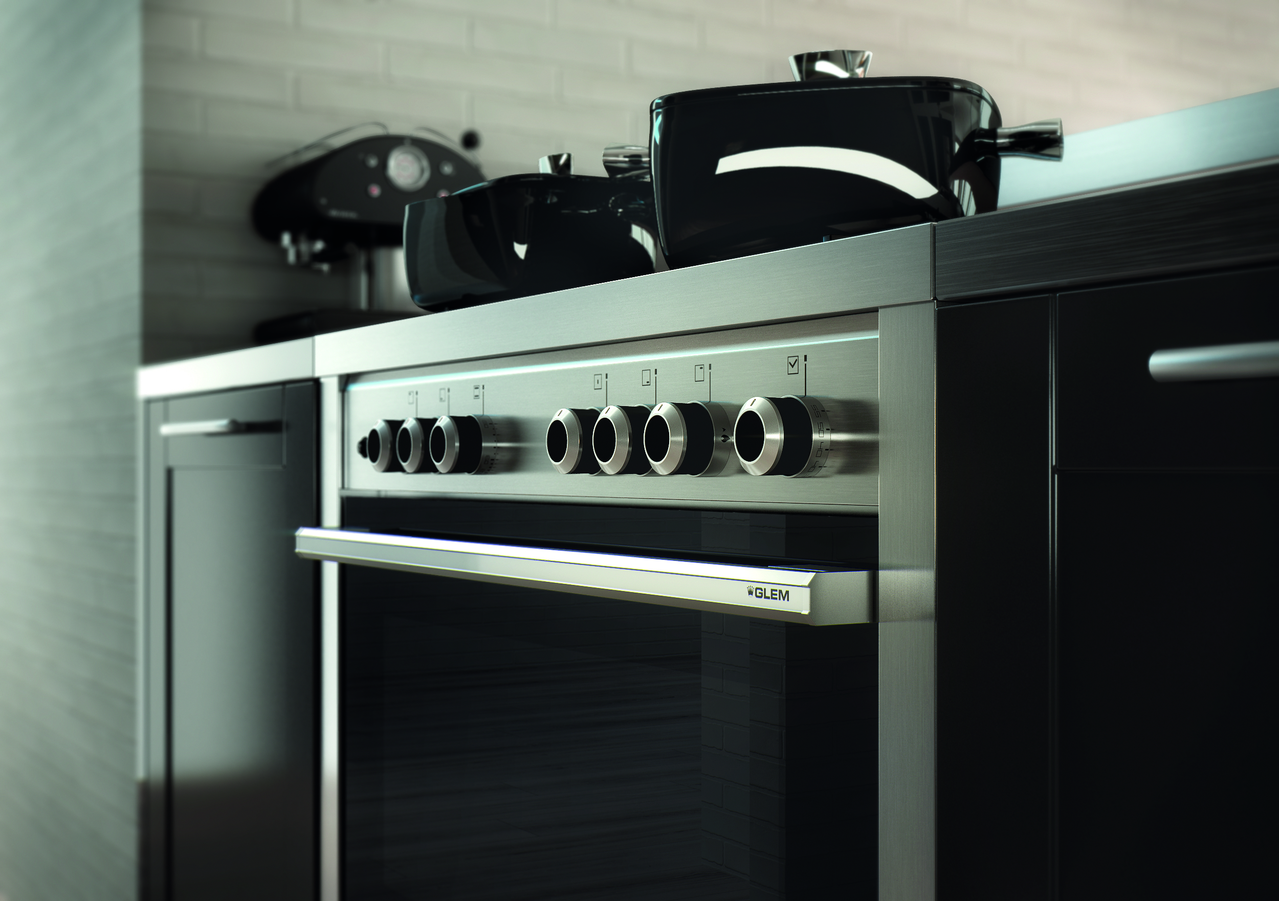Interior de cocina con horno, ollas y cafetera.
